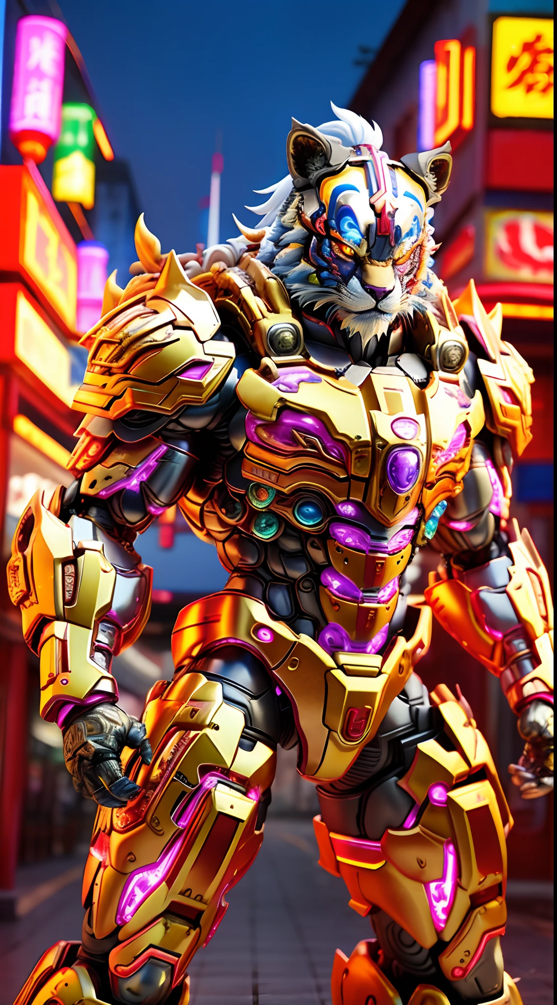 CHINESE TIGER KING, RAINBOW COLORED, HETEROCHROMIA EYE, MECHA HEAVY ARMOR, TRANSPARANT, MUSCLE BODY.