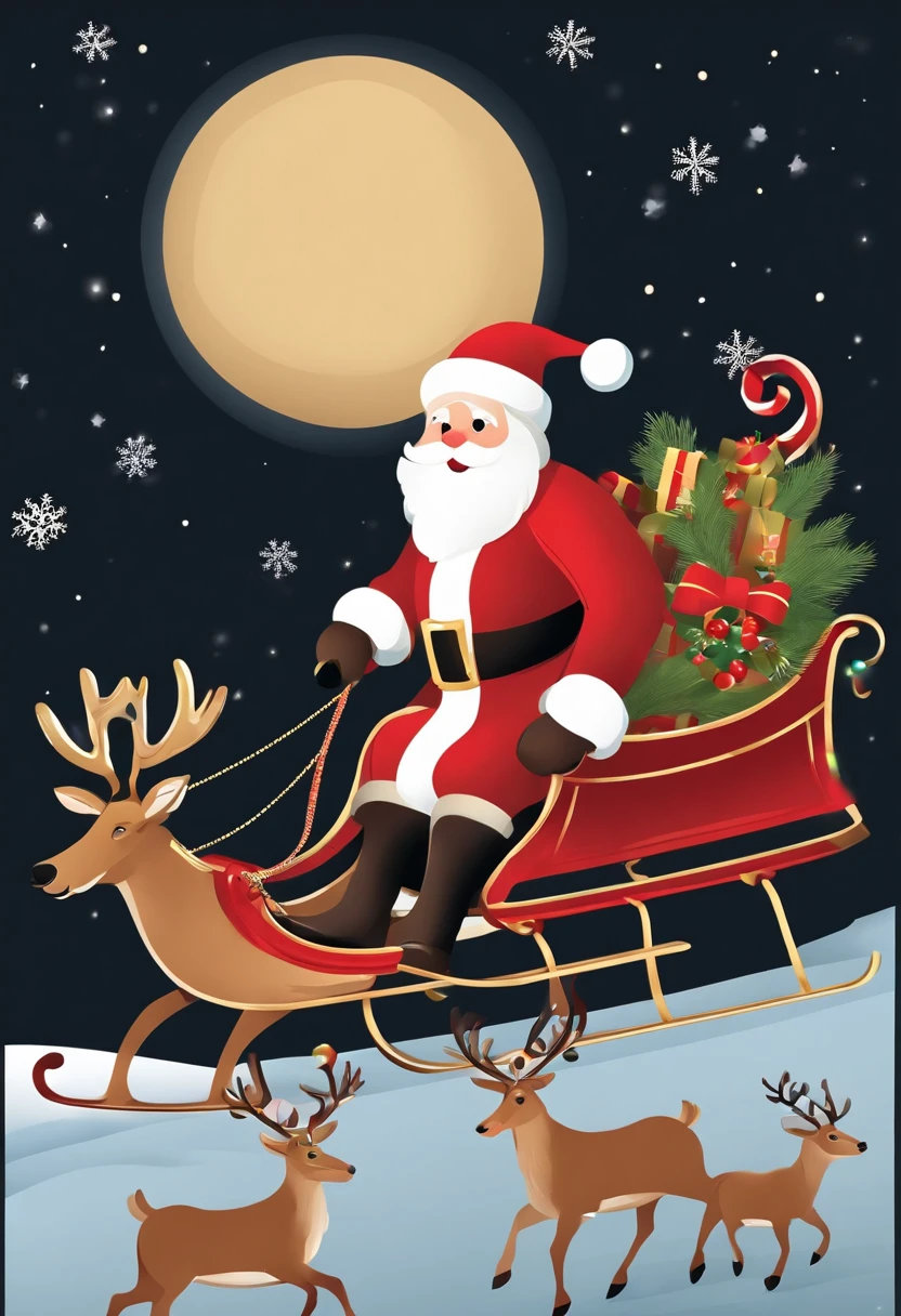 Christmas elements, santa claus Reindeer pulling a sleigh Black background, Illustrated minimalist image of a set of exclusive stickers