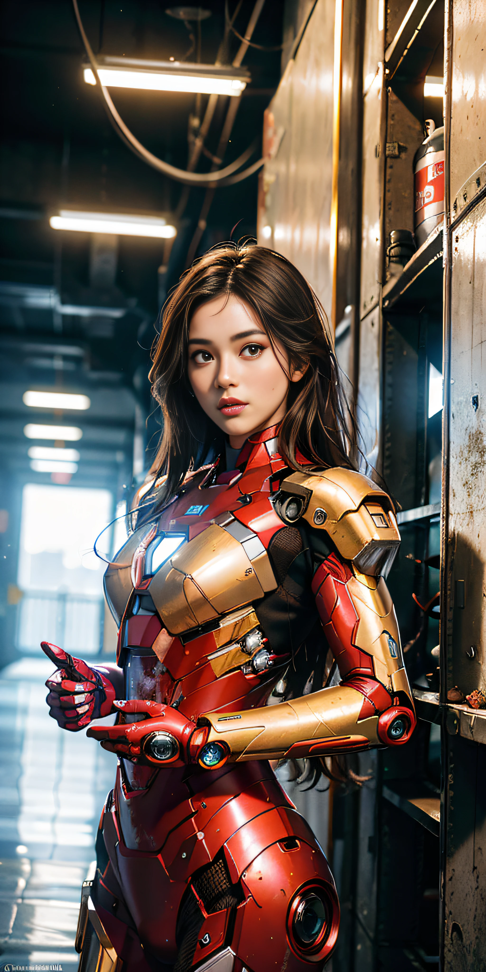 (1girl:1.3), solo,__body-parts__, official art, unity 8k wallpaper, ultra detailed, beautiful and aesthetic, beautiful, masterpiece, best quality, RAW, masterpiece, super fine photo,, best quality, super high Resolution, photorealistic, sunlight, full body portrait, stunningly beautiful,, dynamic pose, delicate face, vibrant eyes, (side view), she is wearing a futuristic Iron Man mech, red and gold, Highly detailed abandoned warehouse background, detailed face, detailed complex busy background, messy, gorgeous, milky, high detailed skin, realistic skin details, visible pores, sharp focus, volumetric fog, 8k uhd, dslr camera, High quality, film grain, fair skin, photorealism, lomography, sprawling metropolis in a futuristic dystopia, view from below, translucent