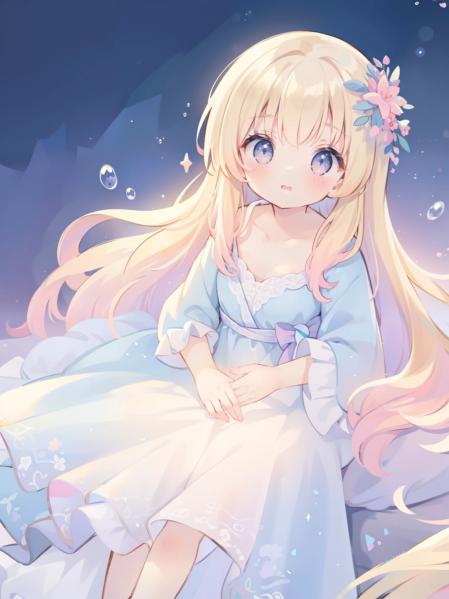 masterpiece, best quality, 8k resolution, sharp focus, intricate detail, beautiful girl, sparkling eyes, golden ratio face, otherworldly liquid, watercolor, ((pastel colors)), bright colors, whimsical, colorful, sharp focus, high resolution, fine detail, princess fantasy ballgown, ((round eyes)), iridescent bubbles, fantasia background