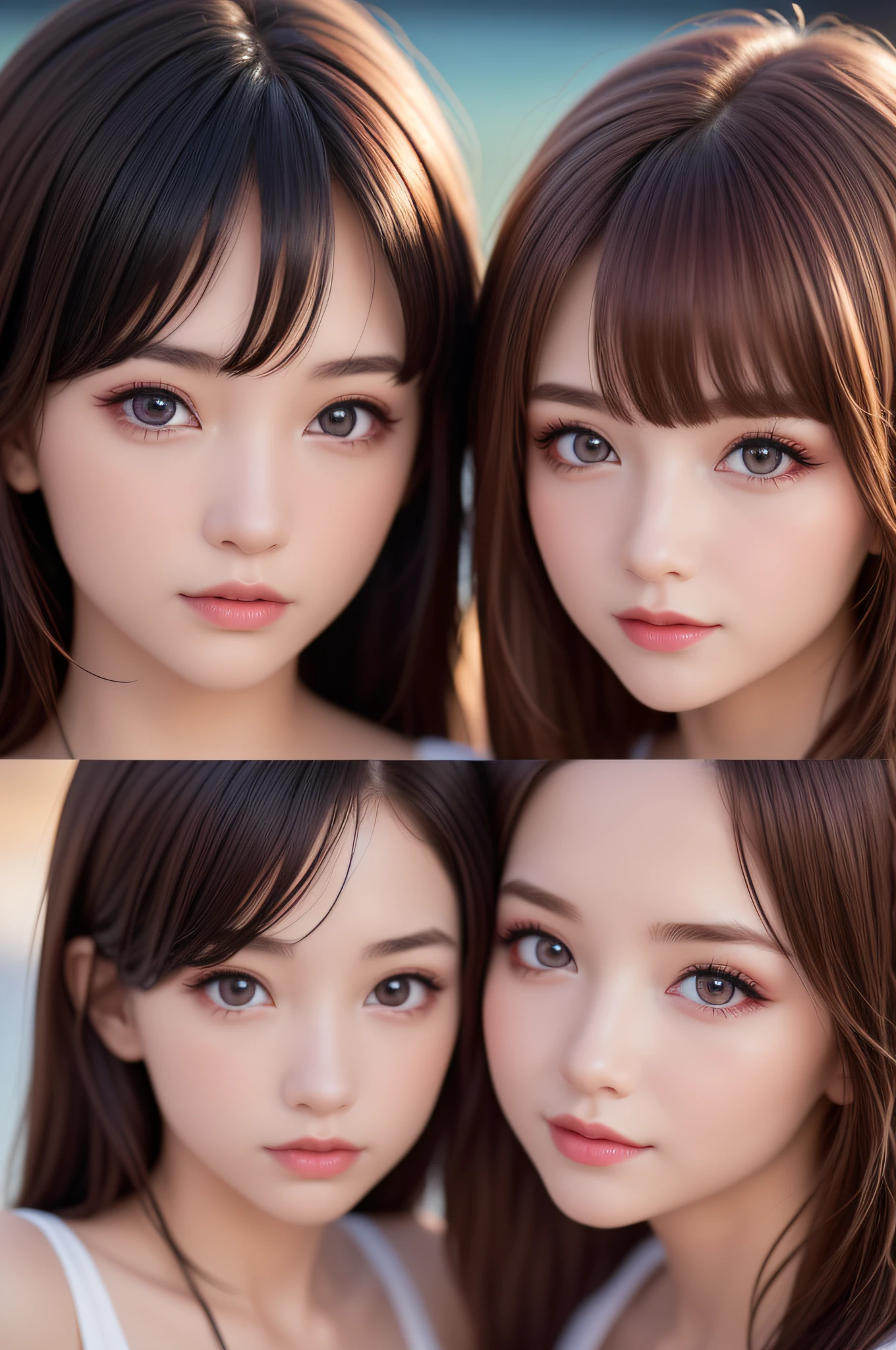 (((2 young girls))), (extremely detailed beautiful face), Amazing face and eyes, (Best Quality:1.4), (Ultra-detailed), (extremely detailed CG unified 8k wallpaper), Highly detailed, High-definition raw color photos, Professional Photography, Amazing face and eyes, Pink eyes, Twin-tailed, Brown hair, Model, (((Bokeh))), depth of fields, Beach, Twilight, Sunset