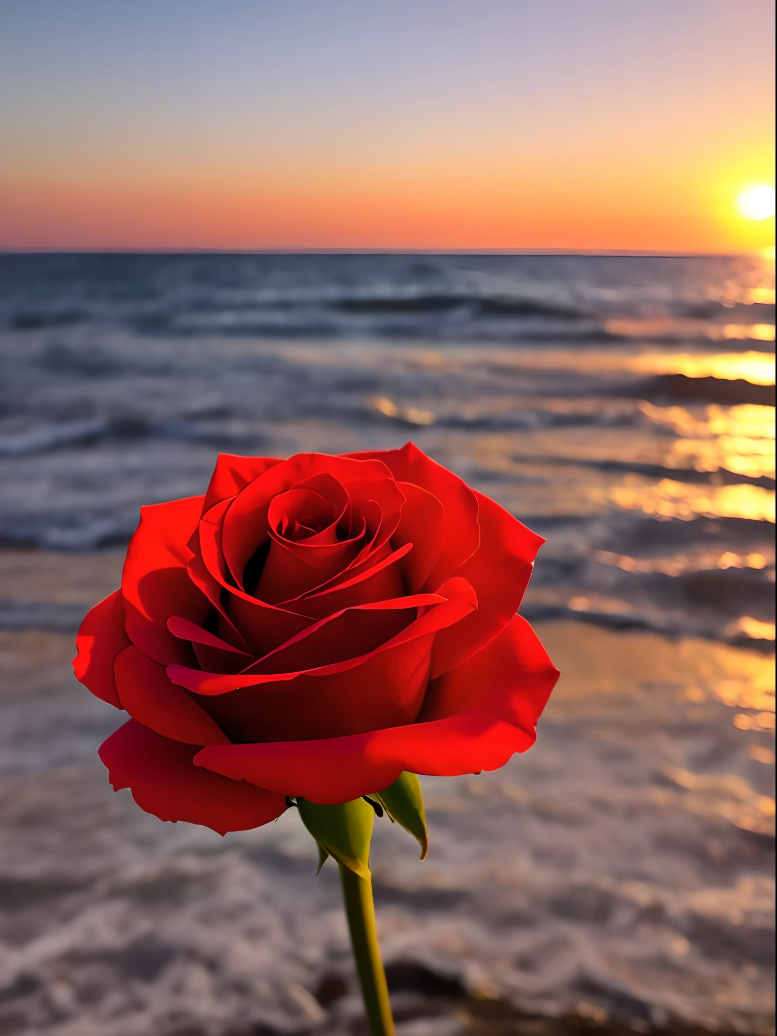 Close-up shot, a rose flower, the background is the gorgeous sunset by the sea, real texture, warm