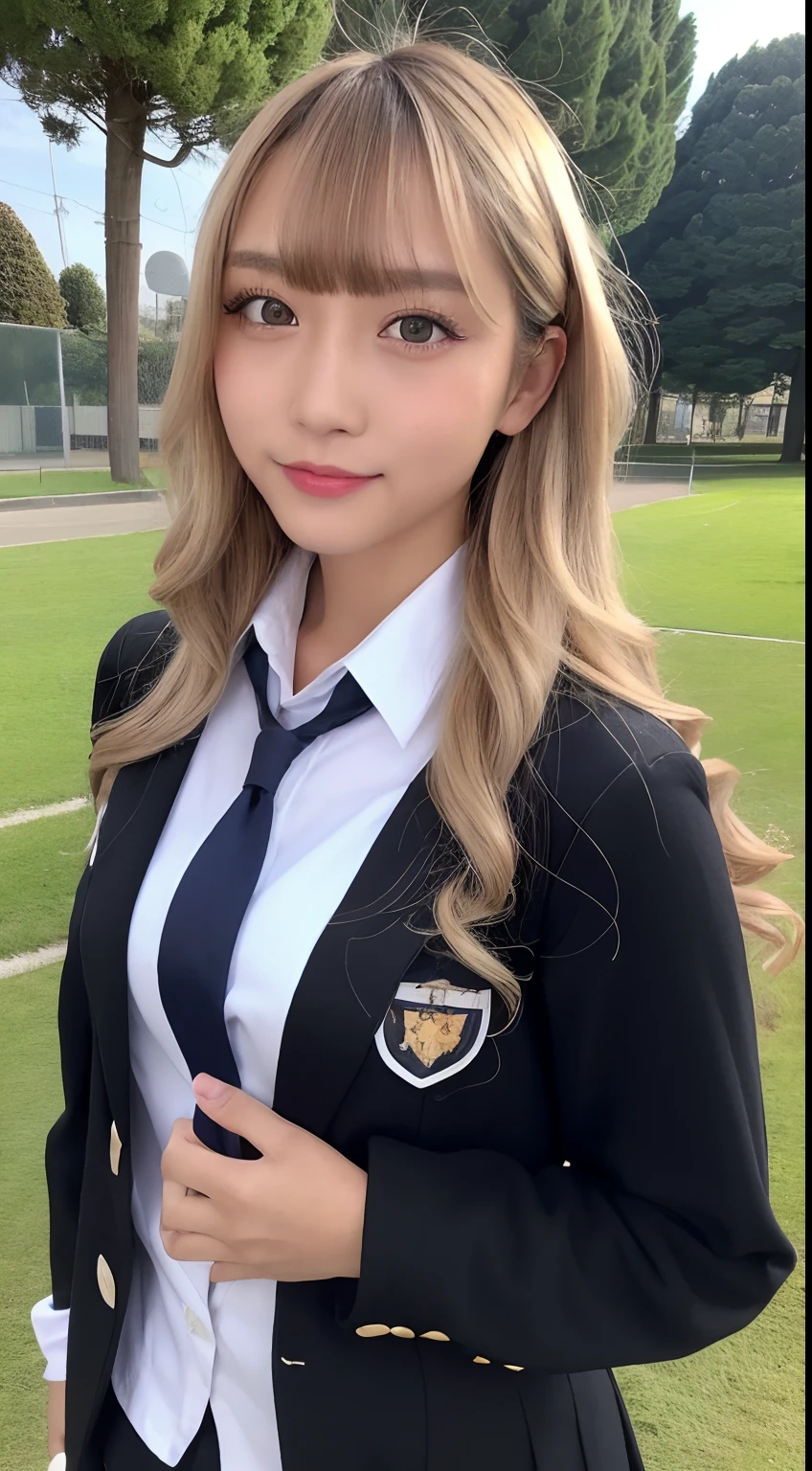 4K、hight resolution、top-quality、masutepiece、 17-year-old schoolgirl in Japan、Face like an idol、((Mid-chest 1.6))、((Tanned black skin 1.6))、gals、a blond、With bangs、Wavy Hair、Blazer Uniform、pleatedskirt、school ground、Looking at the camera
