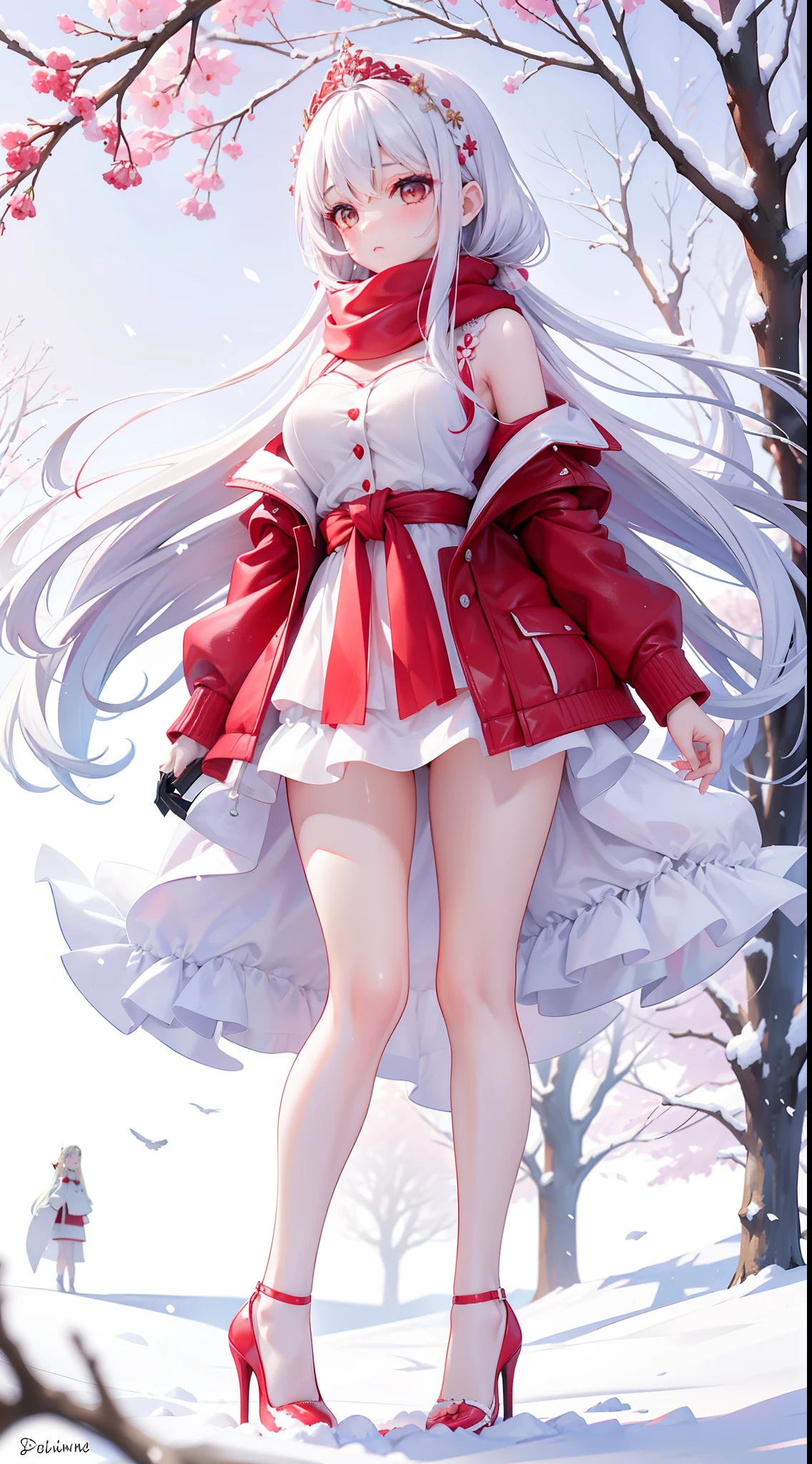 A peerless beauty,Beautiful facial features,putting makeup on,Blushlush,(cabelos preto e longos,White down jacket,Red scarf),high-heels,(Fuyuhime love song,plane trees,Snowflakes flying,White snow),Realiy,modern day,Portrait photo,Get close to the lens,depth of fields,stand posture