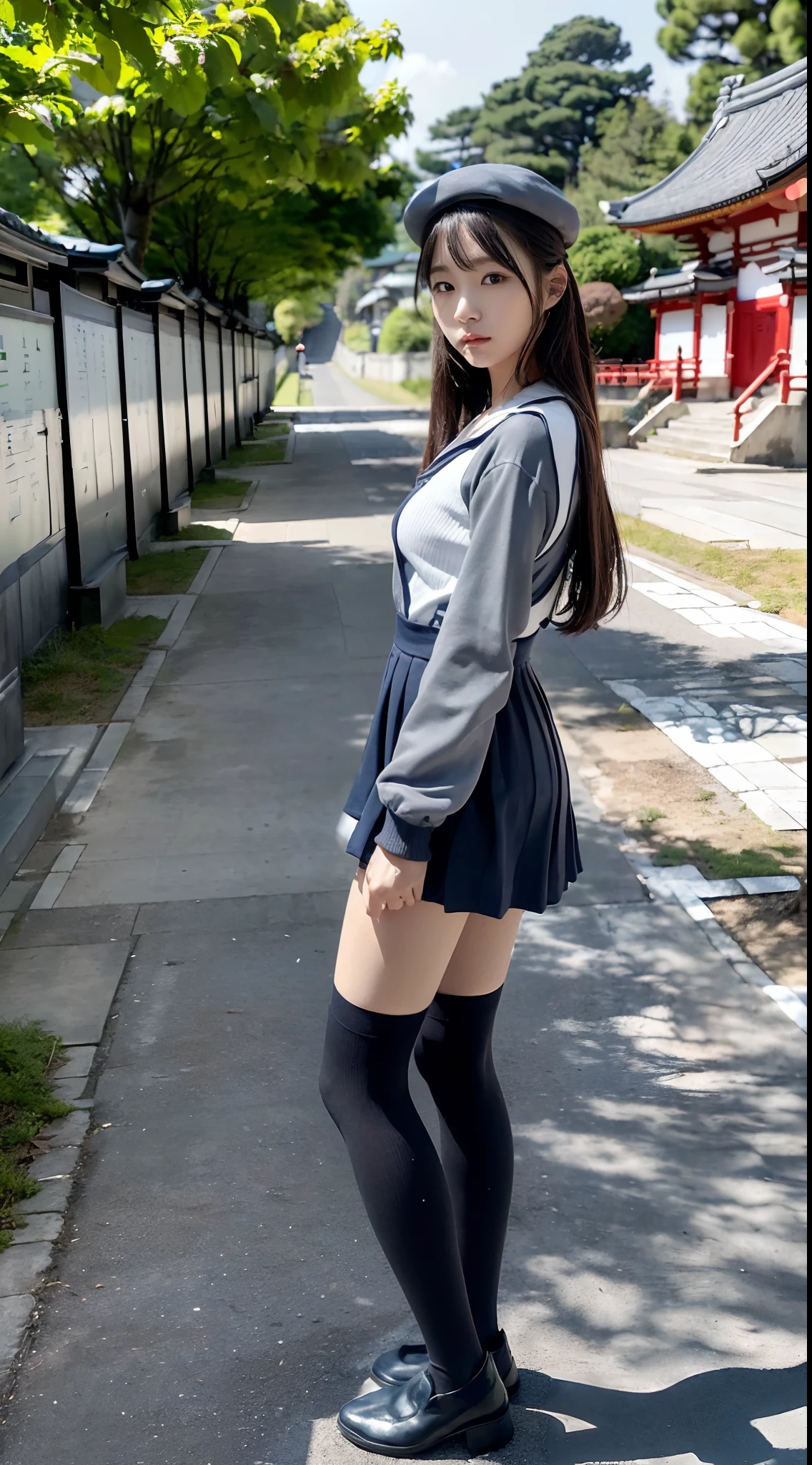 mix4, (16 K, Raw photography, Top image quality, masterpiece: 1.45), (realisitic, Photorealsitic: 1.37), one girls, 7.5, etc、Random hairstyle、Standing figure,Noon time slot、a very cute, Precincts of the shrine,stone stairs, profetional lighting, photon maping, a park、physically-based renderingt, Gradient dark brown hair,, a handsome, Well-groomed and beautiful eyes、Large double eyelids、Very shiny、girl with, (((student clothes、Long sleeve sailor suit worn by Japan schoolgirl、red cuffs、Dark blue mini skirt, Small gray beret、Dark blue knee-high socks、Black loafers))), Top Quality Photos, hight resolution, 1080p, (clearface), (Detailed face description), (Detailed hand description), (masterpiece), (Exquisite CG)、extreme light and shadows、dishevled hair、master work、abundant detail、(Fine facial features)、(top quality photo)、(masuter piece)、(A detailed eye)、Look in front of you、Fine clavicle、((Slender big))、(((Japan schoolgirl in long-sleeved sailor suit)))、((Ready Idol System))、((Precincts of the shrine、torii gate、Tesuisha、Komainu))、(Shooting from random perspectives)、(((Anyway cute)))、耳Nipple Ring、A big smile、Drawing the whole body from the knees、Do not draw nasolabial folds、(((Long-sleeved sailor suit)))、(Big breasts that hang down big:1.2)、Big buttocks with tension、Two arms and two legs、(((from the front side:1.2)))、bare hand、No mask、