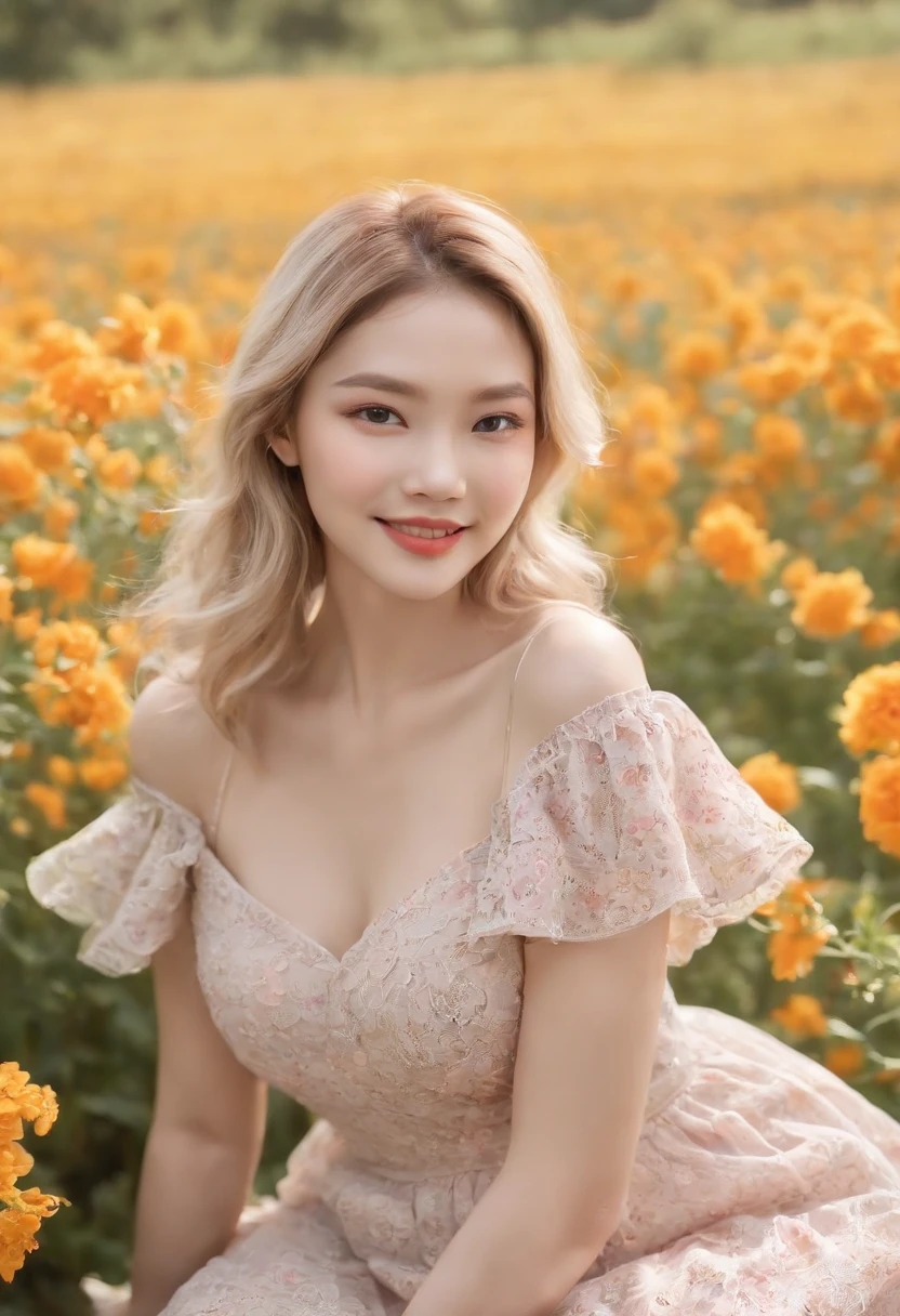 (masterpiece, Vivid portrait:1.3), (Seductive depiction of blonde woman in flower garden:1.2), (Canon EOS 5D Mark IV Camera, Famous for capturing vibrant colors and rich textures:1.2),(Korean idol), (Paired with Canon EF 35mm F/1.4L II USM lens for versatile compositions:1.2), (Flowing, voluminous browm hair caught in the breeze, Adding dynamism:1.1), (Glowing eyes reflecting the shade of the sky:1.1), (A perfect face that exudes perfection:1.1), (Knee-length sundress full of kaleidoscopes of colors:1.1), (Her cheerful smile radiating pure happiness:1.1), (Playful movements of the dress to capture the light:1.1), (A mix of wildflowers to create a vibrant backdrop:1.1), (Sunlit fields depicting a joyful atmosphere:1.1), (The sensor of the camera is、Captures the intricate texture of her hair and fabric:1.1), (Lenses that highlight her seductive smile and vibrant outfit:1.1), (A moment to capture carefree joy in nature:1.1), (The synergy of color and emotion in one frame:1.1), (Portrait capturing the essence of the radiant spirit in a blooming landscape:1.1)