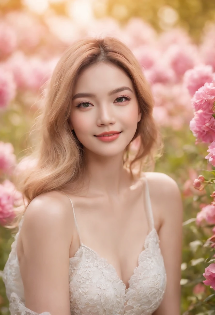 (masterpiece, Vivid portrait:1.3), (Seductive depiction of blonde woman in flower garden:1.2), (Canon EOS 5D Mark IV Camera, Famous for capturing vibrant colors and rich textures:1.2),（Korean idol），    (Paired with Canon EF 35mm F/1.4L II USM lens for versatile compositions:1.2), (Flowing, voluminous browm  hair caught in the breeze, Adding dynamism:1.1), (Glowing eyes reflecting the shade of the sky:1.1), (A perfect face that exudes perfection:1.1),  (Knee-length sundress full of kaleidoscopes of colors:1.1), (Her cheerful smile radiating pure happiness:1.1), (Playful movements of the dress to capture the light:1.1), (A mix of wildflowers to create a vibrant backdrop:1.1),    (Sunlit fields depicting a joyful atmosphere:1.1), (The sensor of the camera is、Captures the intricate texture of her hair and fabric:1.1), (Lenses that highlight her seductive smile and vibrant outfit:1.1), (A moment to capture carefree joy in nature:1.1),  (The synergy of color and emotion in one frame:1.1), (Portrait capturing the essence of the radiant spirit in a blooming landscape:1.1)