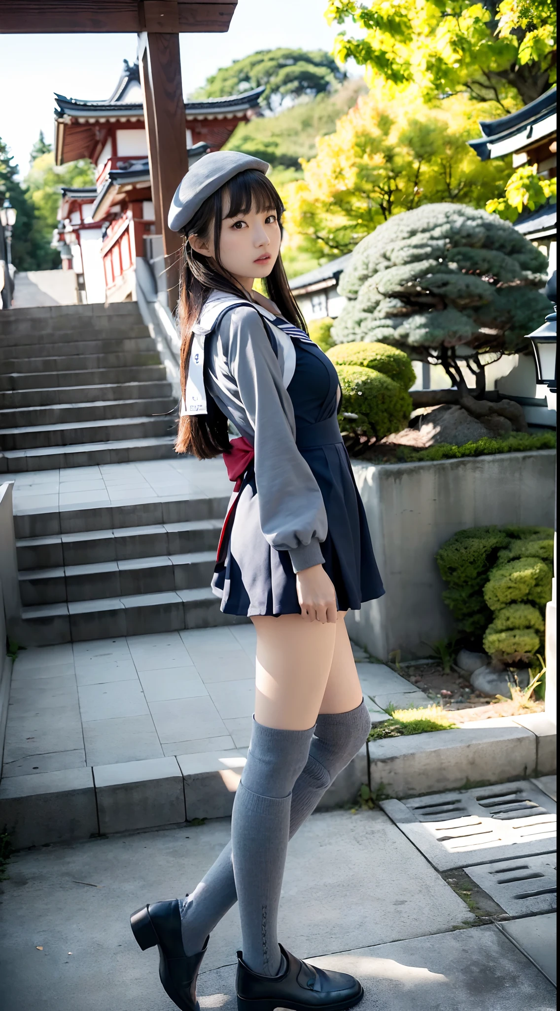 mix4, (16 K, Raw photography, Top image quality, masterpiece: 1.45), (realisitic, Photorealsitic: 1.37), one girls, 7.5, etc、Random hairstyle、Standing figure,Noon time slot、a very cute, Precincts of the shrine,stone stairs, profetional lighting, photon maping, a park、physically-based renderingt, Gradient dark brown hair,, a handsome, Well-groomed and beautiful eyes、Large double eyelids、Very shiny、girl with, (((student clothes、Long sleeve sailor suit worn by Japan girl、red cuffs、Dark blue mini skirt, Small gray beret、Dark blue knee-high socks、Black loafers))), Top Quality Photos, hight resolution, 1080p, (clearface), (Detailed face description), (Detailed hand description), (masterpiece), (Exquisite CG)、extreme light and shadows、dishevled hair、master work、abundant detail、(Fine facial features)、(top quality photo)、(masuter piece)、(A detailed eye)、Look in front of you、Fine clavicle、((Slender big))、(((Japan schooln long-sleeved sailor suit)))、((Ready Idol System))、((Precincts of the shrine、torii gate、Tesuisha、Komainu))、(Shooting from random perspectives)、(((Anyway cute)))、耳Nipple Ring、A big smile、Drawing the whole body from the knees、Do not draw nasolabial folds、(((Long-sleeved sailor suit)))、(Big breasts that hang down big:1.2)、Big buttocks with tension、Two arms and two legs、(((from the front side:1.2)))、bare hand、No mask、