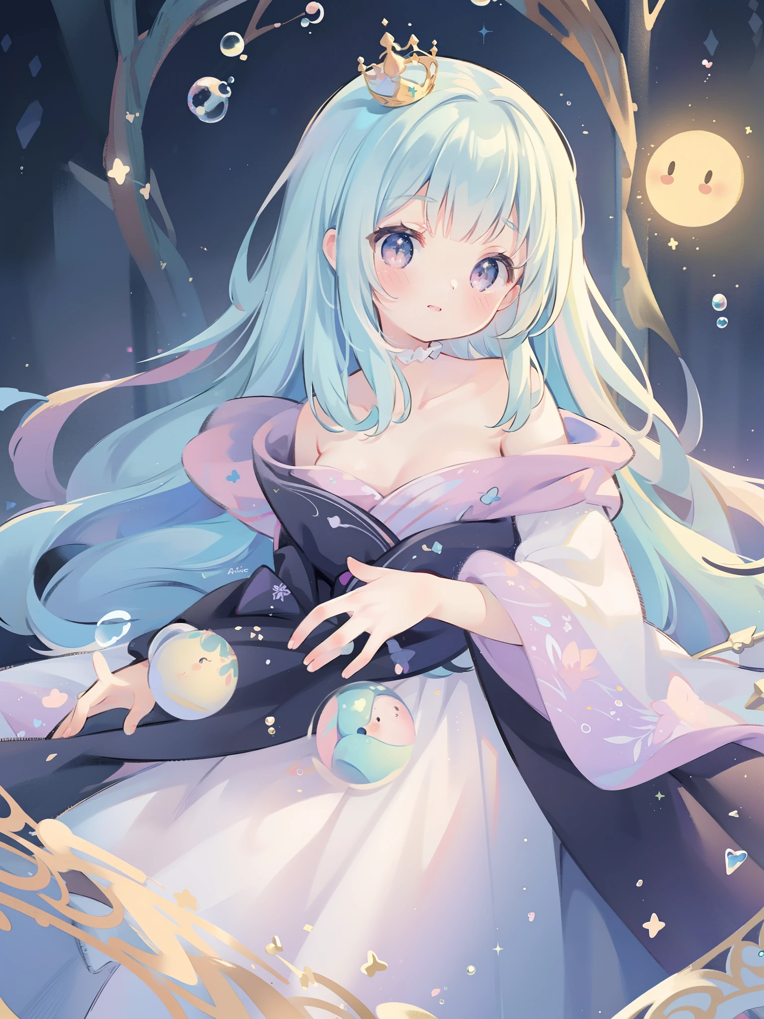 masterpiece, best quality, 8k resolution, sharp focus, intricate detail, beautiful girl, sparkling eyes, golden ratio face, otherworldly liquid, watercolor, ((pastel colors)), bright colors, whimsical, colorful, sharp focus, high resolution, fine detail, princess fantasy ballgown, ((round eyes)), iridescent bubbles, fantasia background