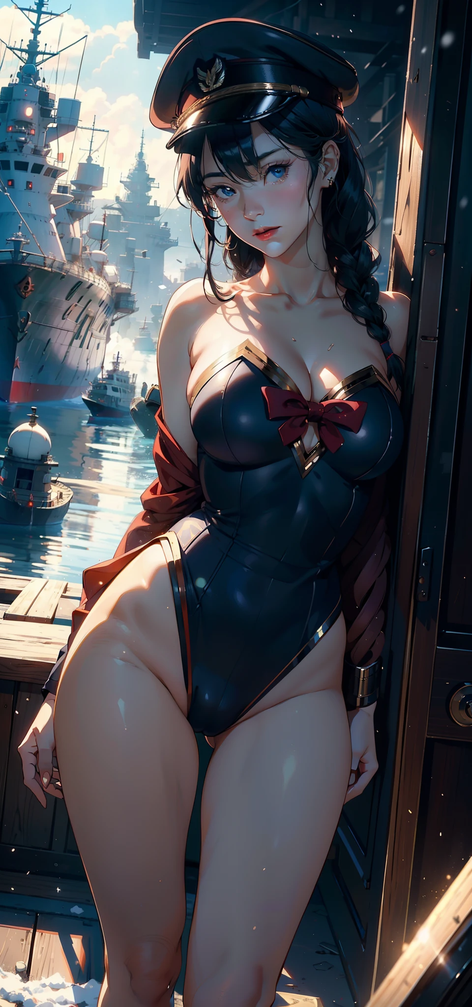 1female,35yo,plumw,extremely large bosom, 独奏,(Background with:warships,the sea,battleships,) She has short black hair,Standing at the bow of the ship,,seen from the front, Twist braids, mostly cloudy sky,(((tmasterpiece),(Very detailed CG unity 8K wallpaper),best qualtiy,cinmatic lighting,detailed back ground,beatiful detailed eyes,Bright pupils,Blue eyes,Snow-whiteskin,Redlip(Very fine and beautiful),(Beautiful and detailed eye description),ultra - detailed,tmasterpiece,))facing at camera,A high resolution,ultra - detailed),revealing breasts,Bare genitalia, Bulge,legs are open,Raised sexy,Camel toes,Flushed complexion,Desire for dissatisfaction,frontage,Soviet Navy,Officer's cap,a sailor suit,Wonder Woman uniform,比基尼