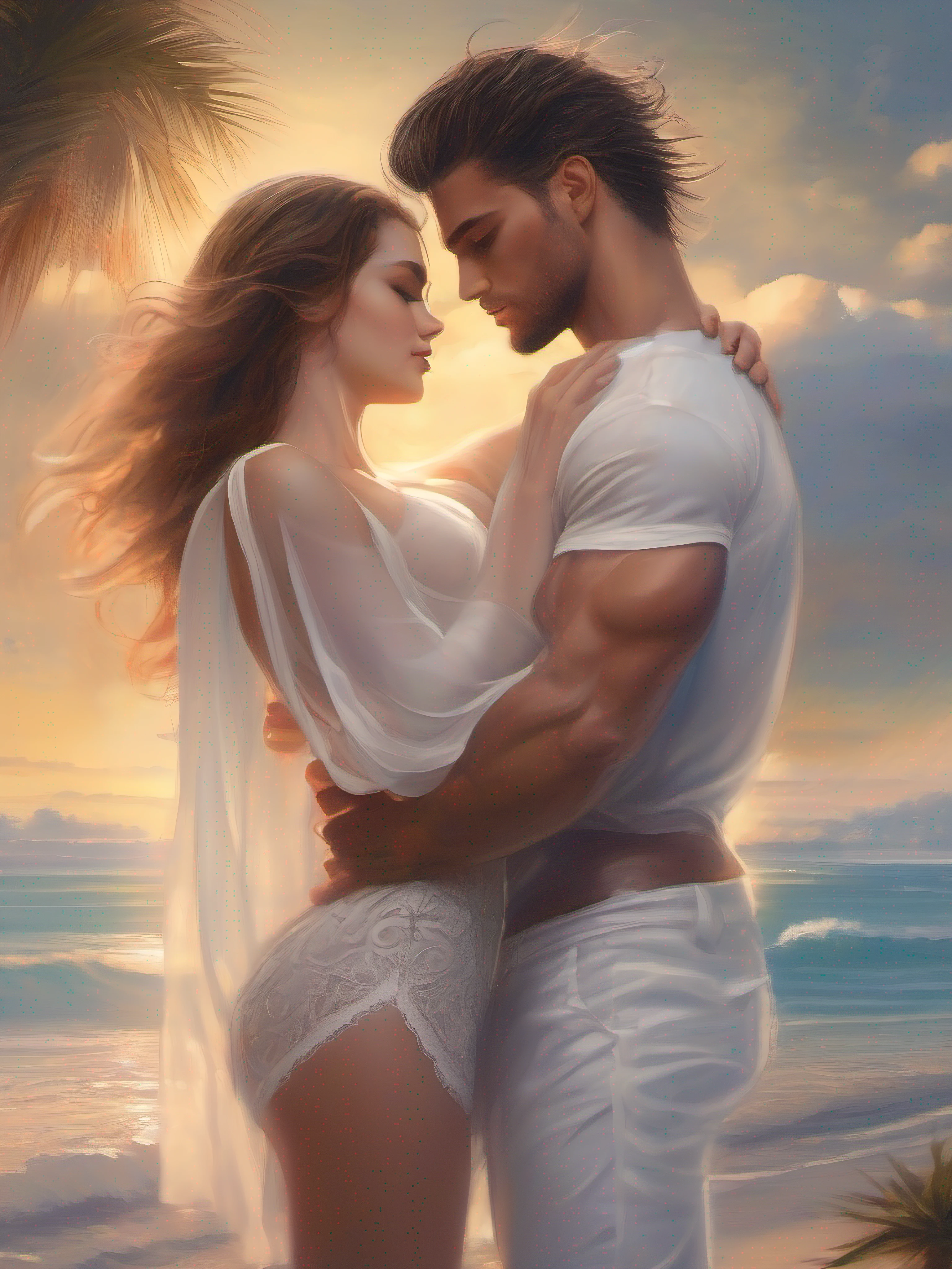 Two young people who are in love with each other have locked their eyes with each other and have touching foreheads. The man is muscular and lean with an open shirt and white shorts. The woman is beautiful and is wearing a white georgette gown. Full body photo with beach background and sun in the sky with scattered clouds in between.