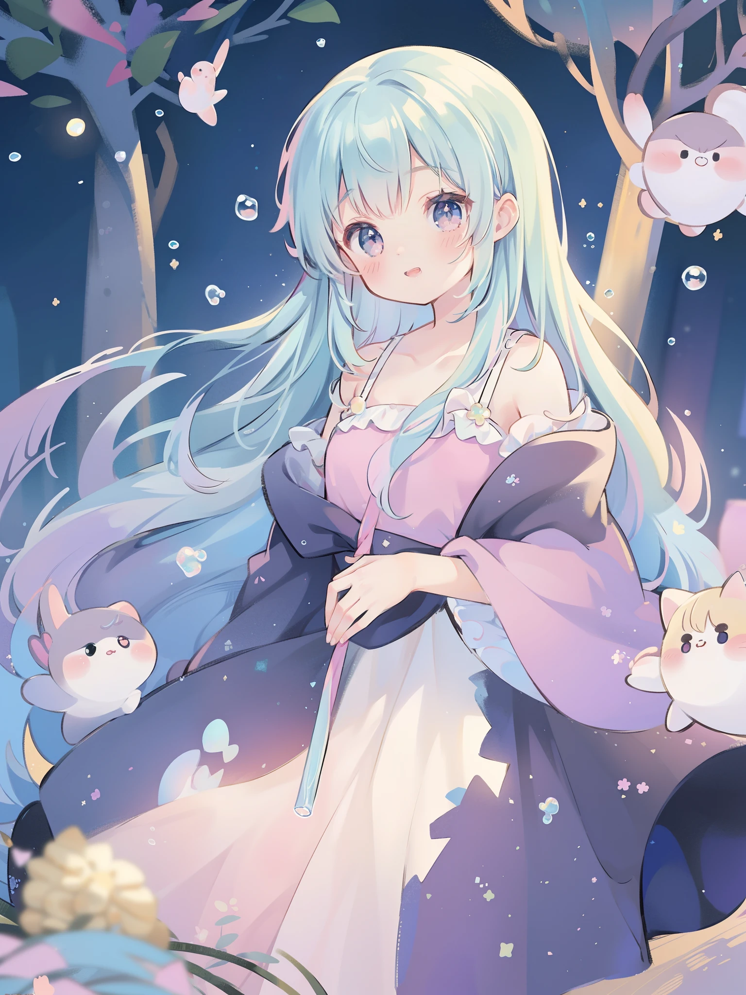masterpiece, best quality, 8k resolution, sharp focus, intricate detail, beautiful girl, sparkling eyes, golden ratio face, otherworldly liquid, watercolor, ((pastel colors)), bright colors, whimsical, colorful, sharp focus, high resolution, fine detail, princess fantasy ballgown, ((round eyes)), iridescent bubbles, fantasia background