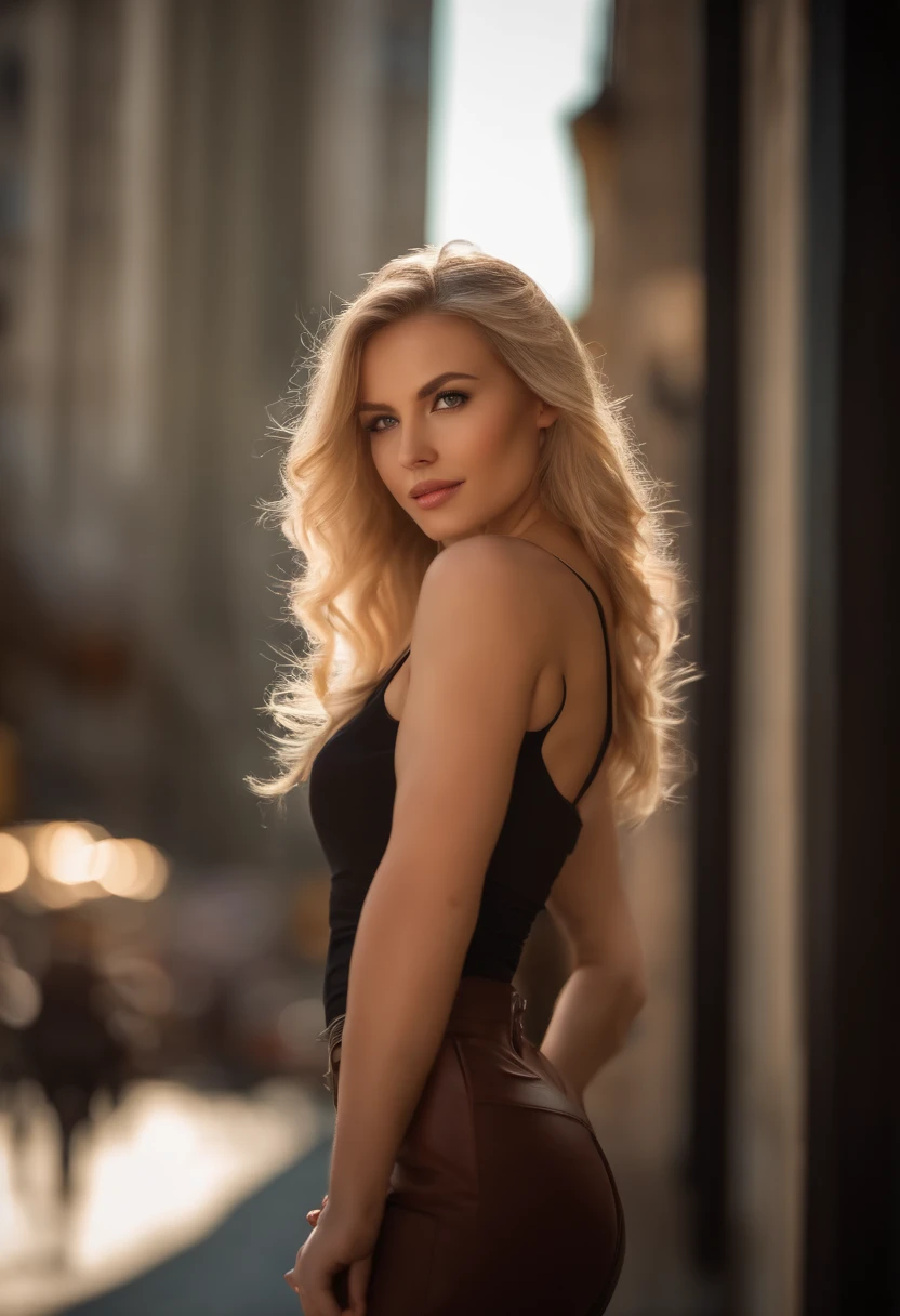 professional, (4k photo:1.1) by (Jeremy Lipking:0.3), (Dittmann Anna:0.3), (Arian Mark:0.3), (Sharp focus:1.3), high detail, wearing (tight shirt:1.2), beautiful detailed face, hazel eyes, long blonde hair, (attractive young woman:1.3), (seductive:1.1), (blushing:1.1), hourglass body shape, large round breasts, wide hips, in background city