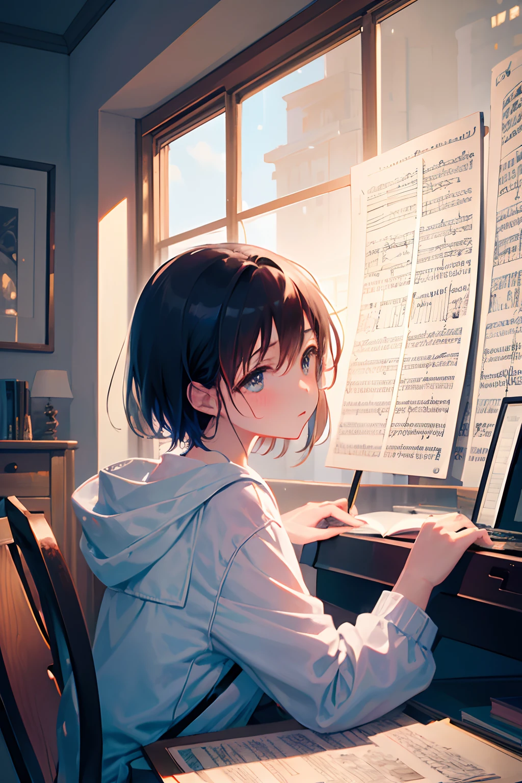 Create exquisite illustrations reminiscent of Makoto Shinkai's style, It has ultra-fine details and top-notch quality. Create an illustration depicting a girl who diligently composes sheet music. Her cheeks take on a faint blush, Revealing her emotional connection to the music she's creating. An atmosphere filled with nostalgia, Evokes a feeling of warmth and sentimentality. When she immerses herself in the creative process, Her handwriting is、Comes alive on the page, Capture the essence of her emotions and musical inspiration. This moment is、Invites viewers to share the intimate and nostalgic world of her musical journey.