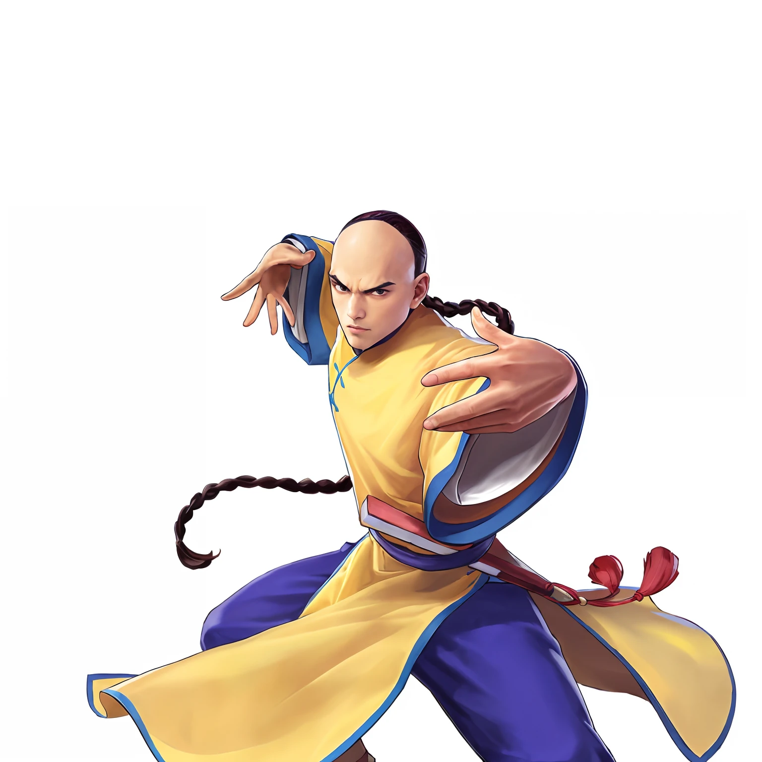 a close up of a person in a yellow robe holding a white frisbee, aang, avatar aang, inspired by Daryush Shokof, inspired by Zhao Mengfu, inspired by Liao Chi-chun, fighting game character, fan art, atla, kung fu, goro, inspired by Shen Quan, beautiful avatar pictures, fisting monk
