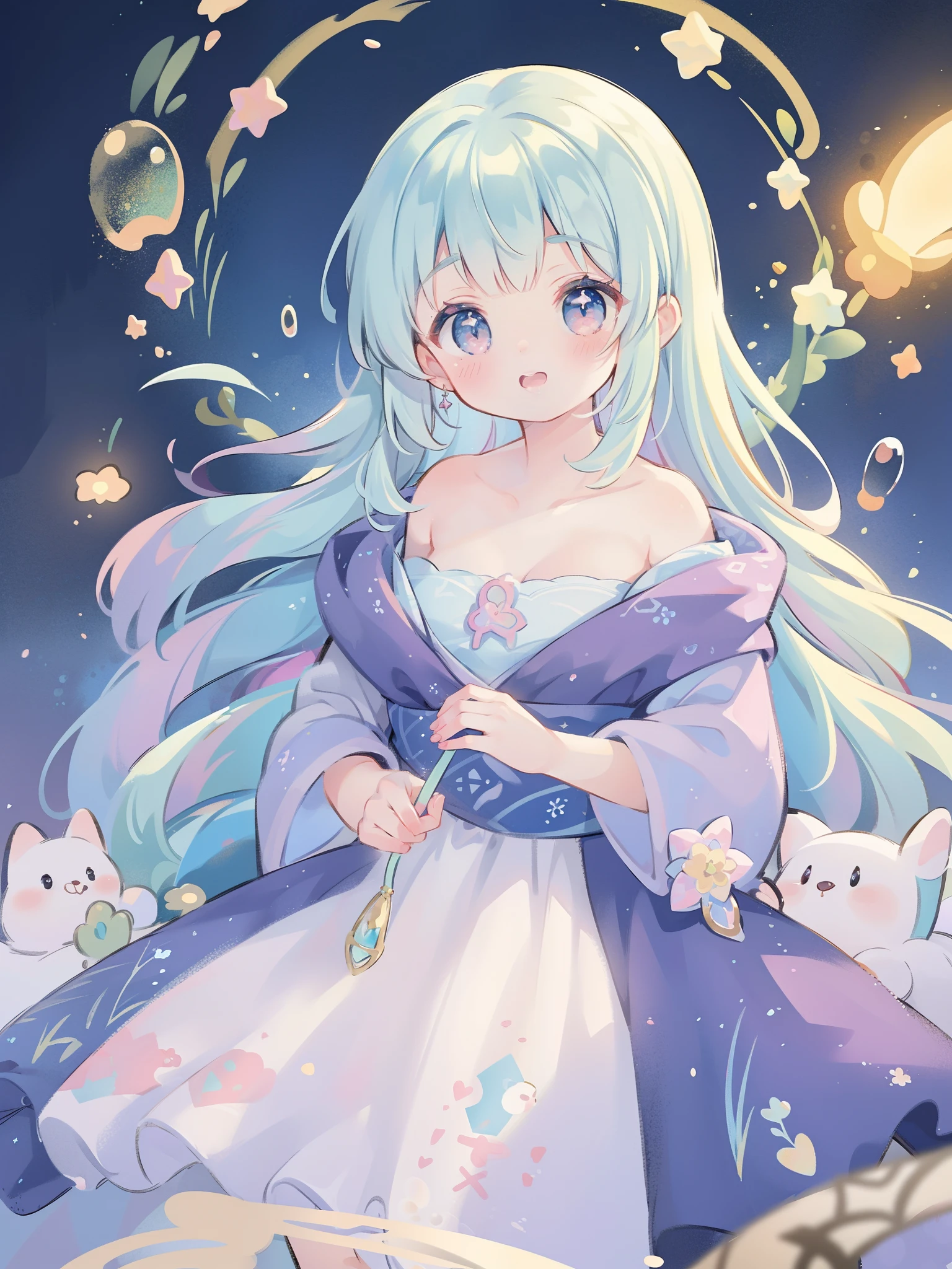 masterpiece, best quality, 8k resolution, sharp focus, intricate detail, beautiful girl, sparkling eyes, golden ratio face, otherworldly liquid, watercolor, ((pastel colors)), bright colors, whimsical, colorful, sharp focus, high resolution, fine detail, princess fantasy ballgown, ((round eyes)), iridescent bubbles, fantasia background