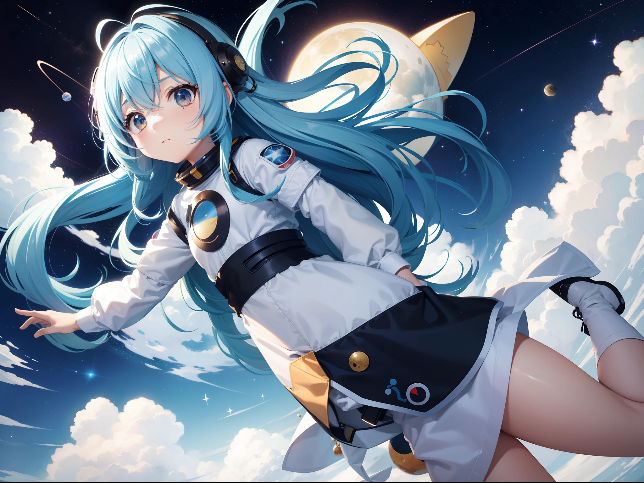 Chibi Character　Float in space in a spacesuit、long hair with blue hair((Chibi Chara))、Fluffy、girl with、Chibi Chara、full body Esbian、Pastel colors hair、masutepiece、top-quality、a moon　constellation　planet earth