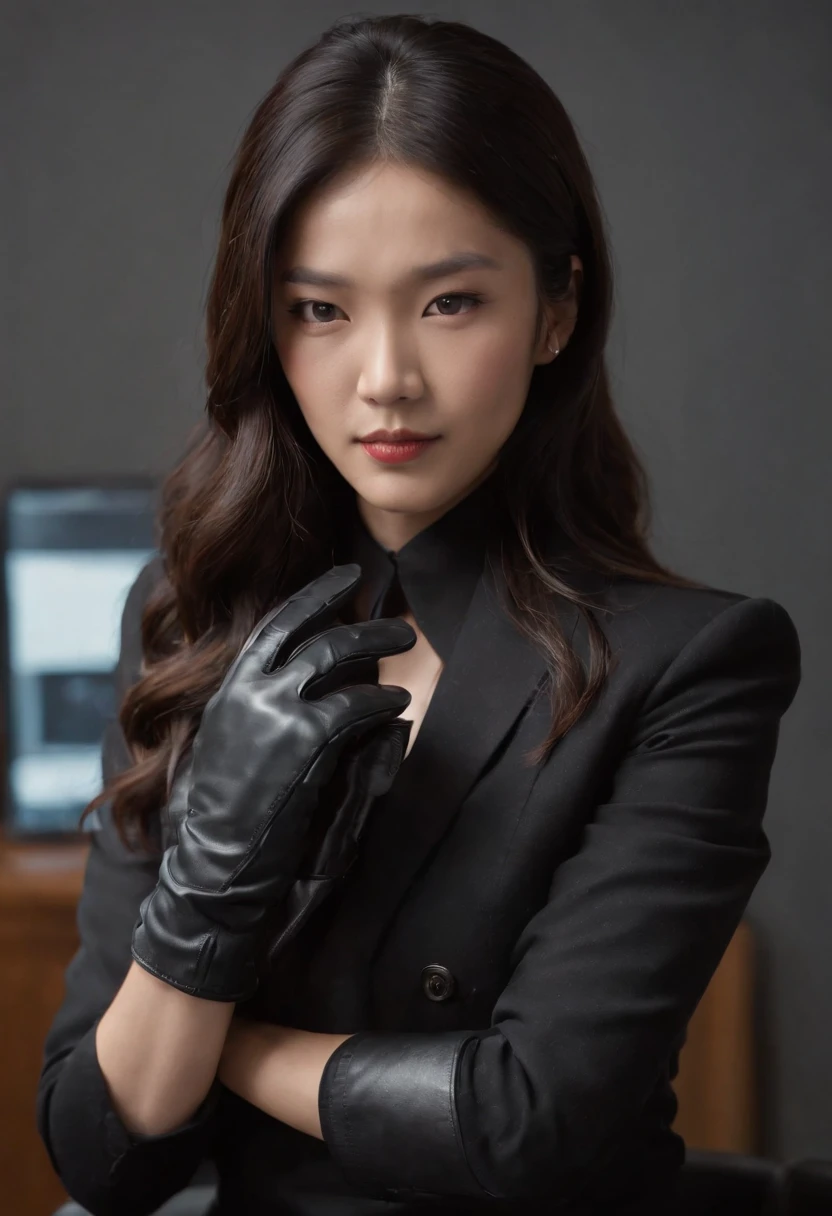 The upper body is covered with black leather gloves up to the fingertips in both hands. Black recruitment suit. Sitting on a leather chair on a desk in my room with a computer in the dark, talking to the other side of the screen. Long, black hair bundled in the back. Look at this, messing with the hair with the fingertips of black leather gloves, a very cute Japanese female