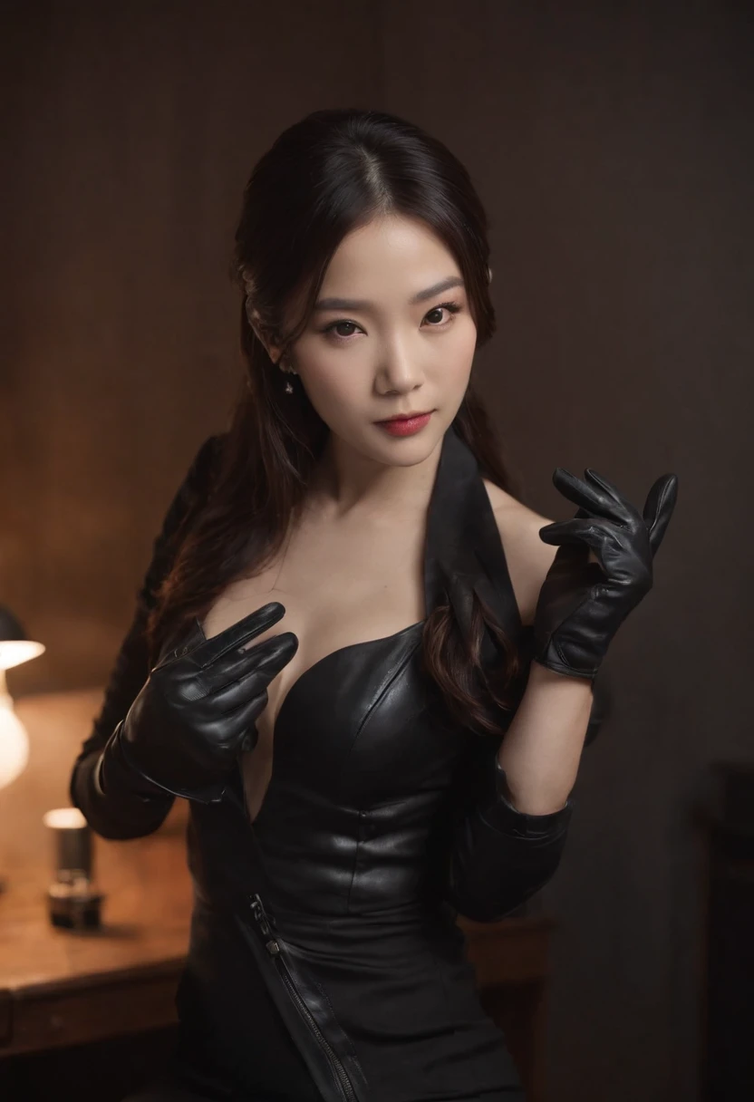 The upper body is covered with black leather gloves up to the fingertips in both hands. Black recruitment suit. Sitting on a leather chair on a desk in my room with a computer in the dark, talking to the other side of the screen. Long, black hair bundled in the back. Look at this, messing with the hair with the fingertips of black leather gloves, a very cute Japanese female