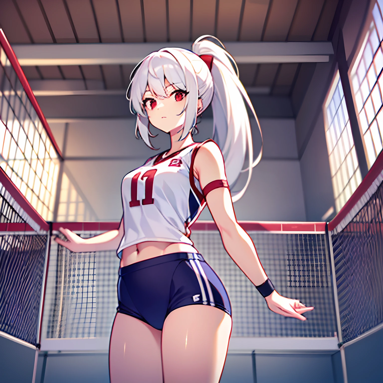 A woman, perfect body, white hair, red eyes, ponytail style hair, sports uniform, playing volleyball, volleyball court