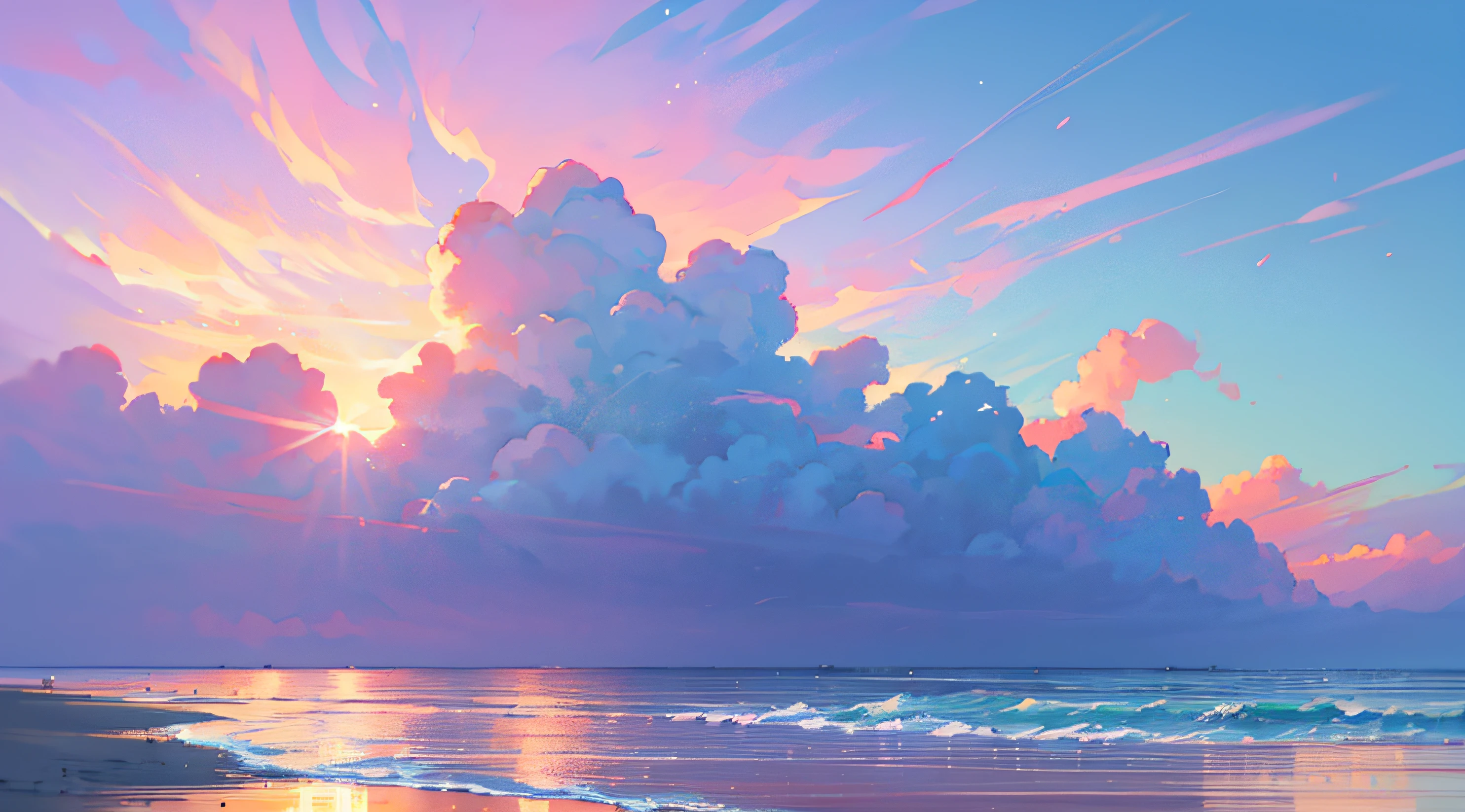 An absolutely mesmerizing sunset on the beach with a mix of orange, pink and yellow in the sky. The water is crystal clear, gently kissing the shore, and the white sand beach stretches as far as the eye can see. The scene is dynamic and breathtaking, with seagulls soaring high in the sky and palm trees gently swaying. Soak up the calm atmosphere and let the tranquility envelope.