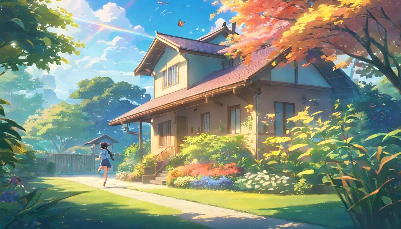 A rainbow butterfly flying in the garden before a house, very detailed, 4K realistic