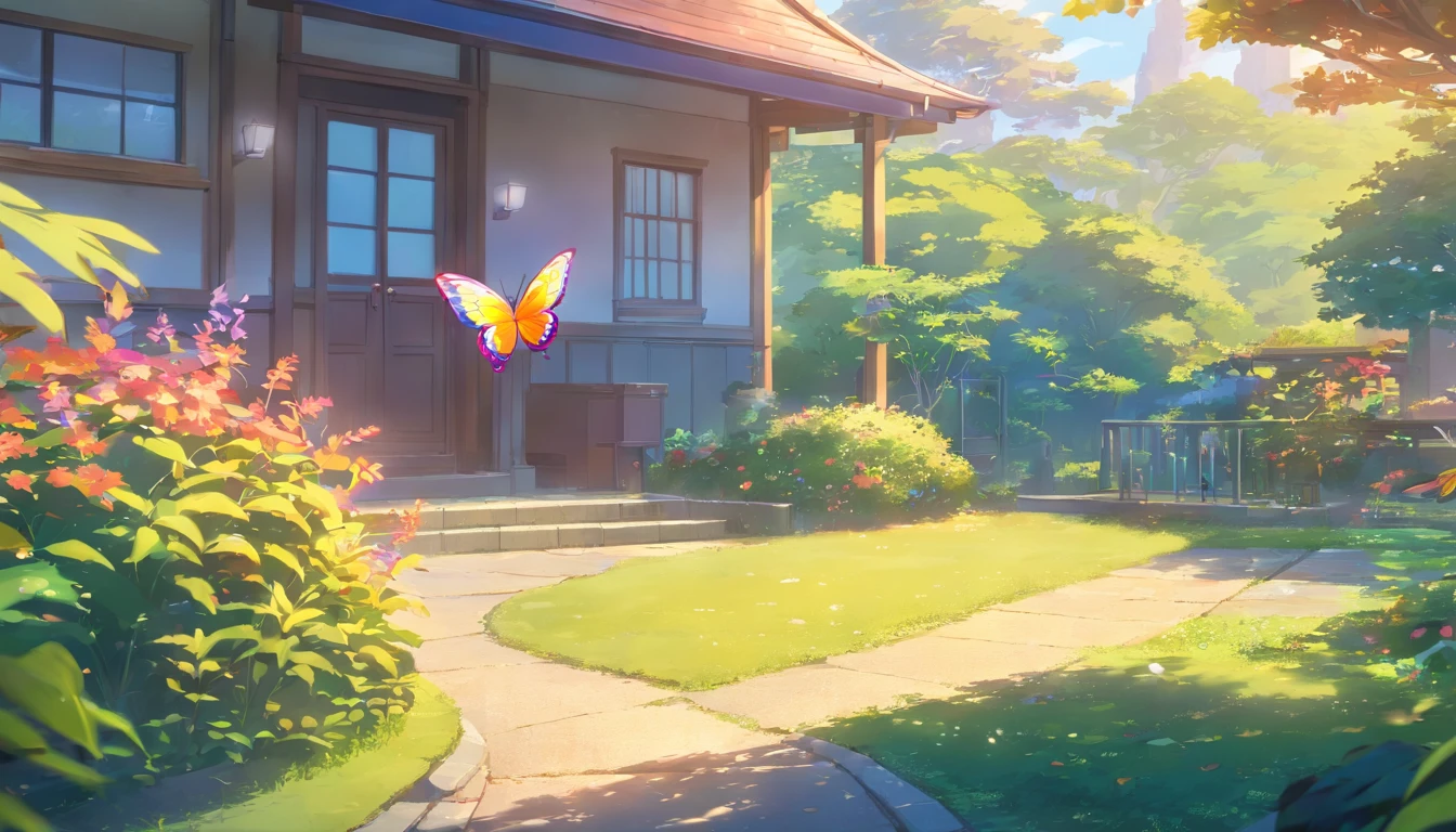 A rainbow butterfly flying in the garden before a house, very detailed, 4K realistic
