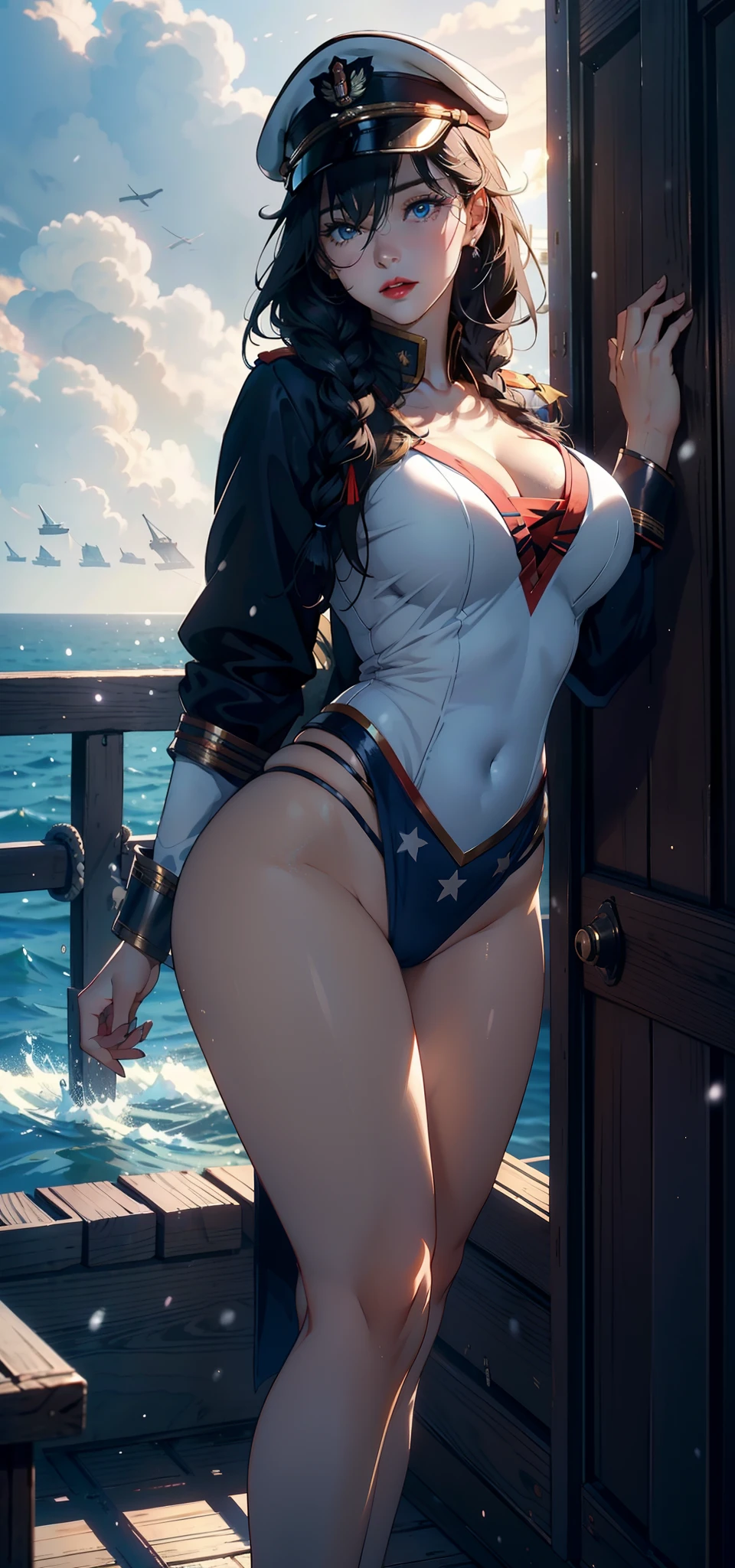 1female,35yo,plumw,extremely large bosom, 独奏,(Background with:warships,the sea,battleships,) She has short black hair,Standing at the bow of the ship,,seen from the front, Twist braids, mostly cloudy sky,(((tmasterpiece),(Very detailed CG unity 8K wallpaper),best qualtiy,cinmatic lighting,detailed back ground,beatiful detailed eyes,Bright pupils,Blue eyes,Snow-whiteskin,Redlip(Very fine and beautiful),(Beautiful and detailed eye description),ultra - detailed,tmasterpiece,))facing at camera,A high resolution,ultra - detailed),revealing breasts,Bare genitalia, Bulge,legs are open,Raised sexy,Camel toes,Flushed complexion,Desire for dissatisfaction,frontage,Soviet Navy,Officer's cap,a sailor suit,Wonder Woman uniform,比基尼,komono