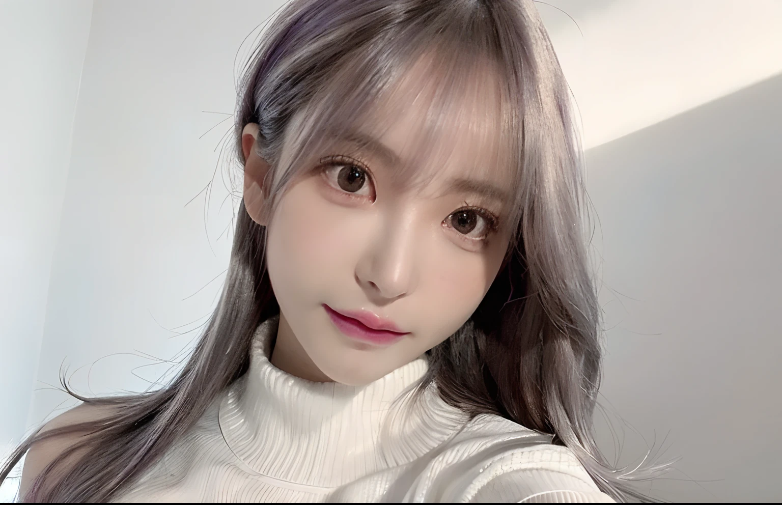 1girl,beautiful vintage color, instagram (photorealistic, high resolution:1.4), ((puffy eyes)), looking at viewer, , full body (8k, RAW photo, best quality, masterpiece:1.2), (realistic, photo-realistic:1.37),(sharp focus:1.2), professional lighting, photon mapping, radiosity, physically-based rendering, (pale skin:1.2),,(small breasts:1.2),, looking at viewer, (middle hair:1.2), portrait, purple eyes, (sliver hair:1.2),bangs, (simple background:1.4), solo, upper body, white background,realistic,(masterpiece:1.4),(best quality:1.4),(shiny skin),fashi-girl,makeup,(closed mouth:1.4),(skinny,,shy, :1.3),(white Turtleneck sweater:1.2), ulzzang-6500-v1.1, pureerosface_v1,