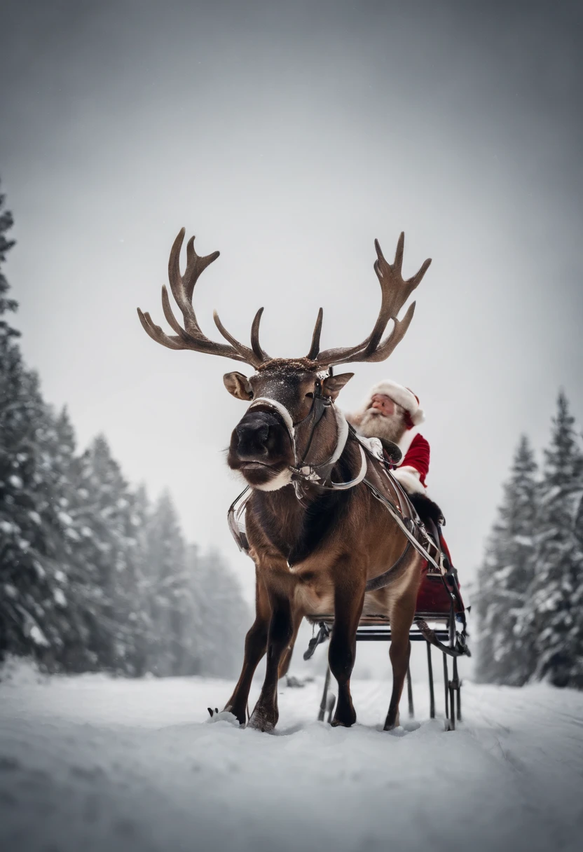 Christmas elements, santa claus Reindeer pulling a sleigh Black background, Illustrated minimalist image of a set of exclusive stickers