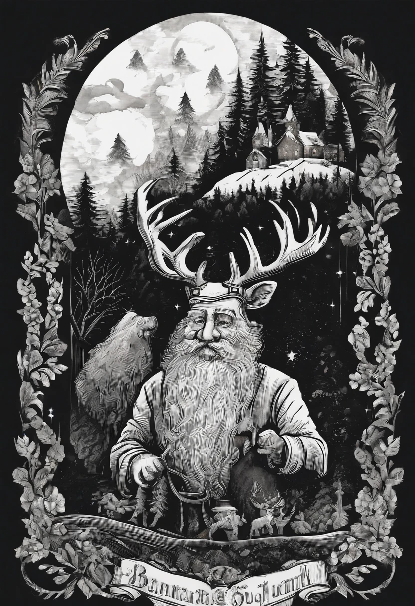 Christmas elements, santa claus Reindeer pulling a sleigh Black background, Illustrated minimalist image of a set of exclusive stickers