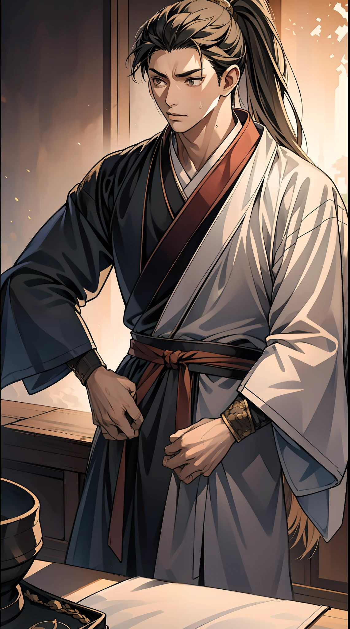 quadratic element,style of anime,mtu(Male Warrior),The proportions are correct,Face details,swordsmen,High ponytail hairstyle,Neck details,There is an Adam's apple,Black Hanfu,kaftan,Embroidered robes,Black robe,clothes details,Handing over,longer sleeves,Game quality,Swordsmanship,Light and shadow tracking,Ray traching,detailed glow,cg render,hair detail,cabelos preto e longos,Black eyes,Handsome,Handsome,(juvenile sense),Clothing is complicated,Perfectcomposition,Refinement,high qulity,higher details,Lots of details,The background is complex,a sense of atmosphere,