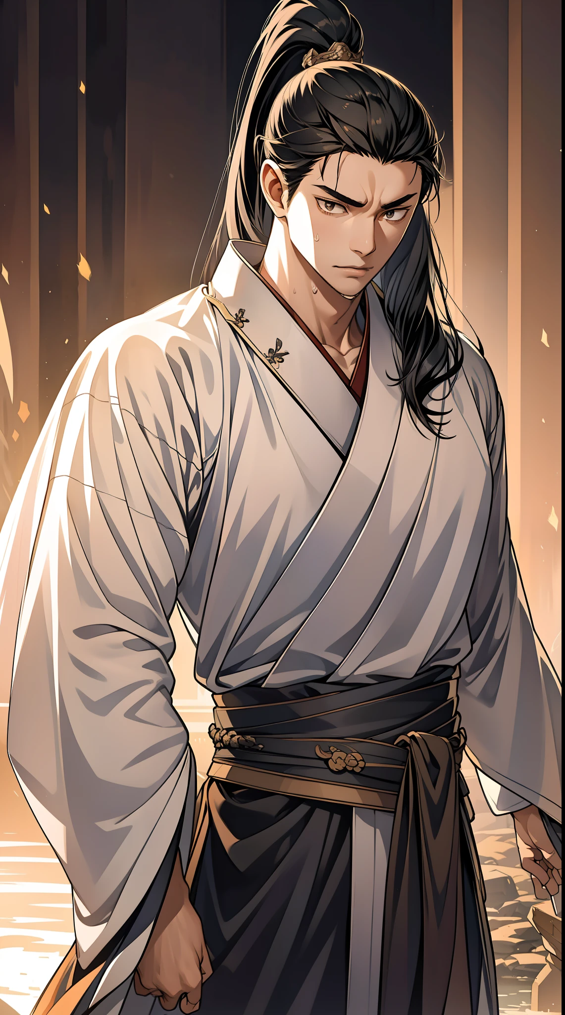 quadratic element，style of anime，mtu（Male Warrior），The proportions are correct，Face details，swordsmen，High ponytail hairstyle，Neck details，There is an Adam's apple，Black Hanfu，kaftan，Embroidered robes，Black robe，clothes details，Handing over，longer sleeves，Game quality，Swordsmanship，Light and shadow tracking，Ray traching，detailed glow，cg render，hair detail，cabelos preto e longos，Black eyes，Handsome，Handsome，（juvenile sense），Clothing is complicated，Perfectcomposition，Refinement，high qulity，higher details，Lots of details，The background is complex，a sense of atmosphere，