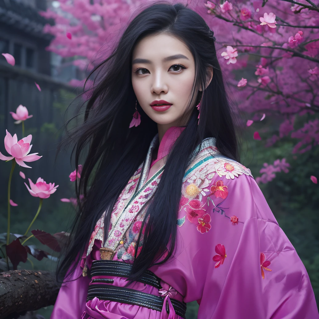 32K(tmasterpiece,k hd,hyper HD,32K)Long flowing black hair,ponds,zydink, a color, Aozhou people (Concubine girl), (Purple silk scarf), Combat posture, looking at the ground, long whitr hair, Floating hair, Carp pattern headdress, Chinese long-sleeved clothing, (Abstract gouache splash:1.2), Pink petal background,Pink and white lotus flowers fly(realisticlying:1.4),Black color hair,Fallen leaves flutter,The background is pure, A high resolution, the detail, RAW photogr, Sharp Re, Nikon D850 Film Stock Photo by Jefferies Lee 4 Kodak Portra 400 Camera F1.6 shots, Rich colors, ultra-realistic vivid textures, Dramatic lighting, Unreal Engine Art Station Trend, cinestir 800,Long flowing black hair,Denim skirt