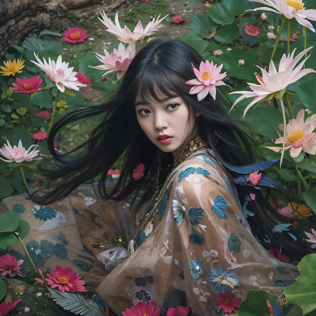 32K(tmasterpiece,k hd,hyper HD,32K)Long flowing black hair,ponds,zydink, a color, Aozhou people (Concubine girl), (Purple silk scarf), Combat posture, looking at the ground, long whitr hair, Floating hair, Carp pattern headdress, Chinese long-sleeved clothing, (Abstract gouache splash:1.2), Pink petal background,Pink and white lotus flowers fly(realisticlying:1.4),Black color hair,Fallen leaves flutter,The background is pure, A high resolution, the detail, RAW photogr, Sharp Re, Nikon D850 Film Stock Photo by Jefferies Lee 4 Kodak Portra 400 Camera F1.6 shots, Rich colors, ultra-realistic vivid textures, Dramatic lighting, Unreal Engine Art Station Trend, cinestir 800,Long flowing black hair,Denim skirt