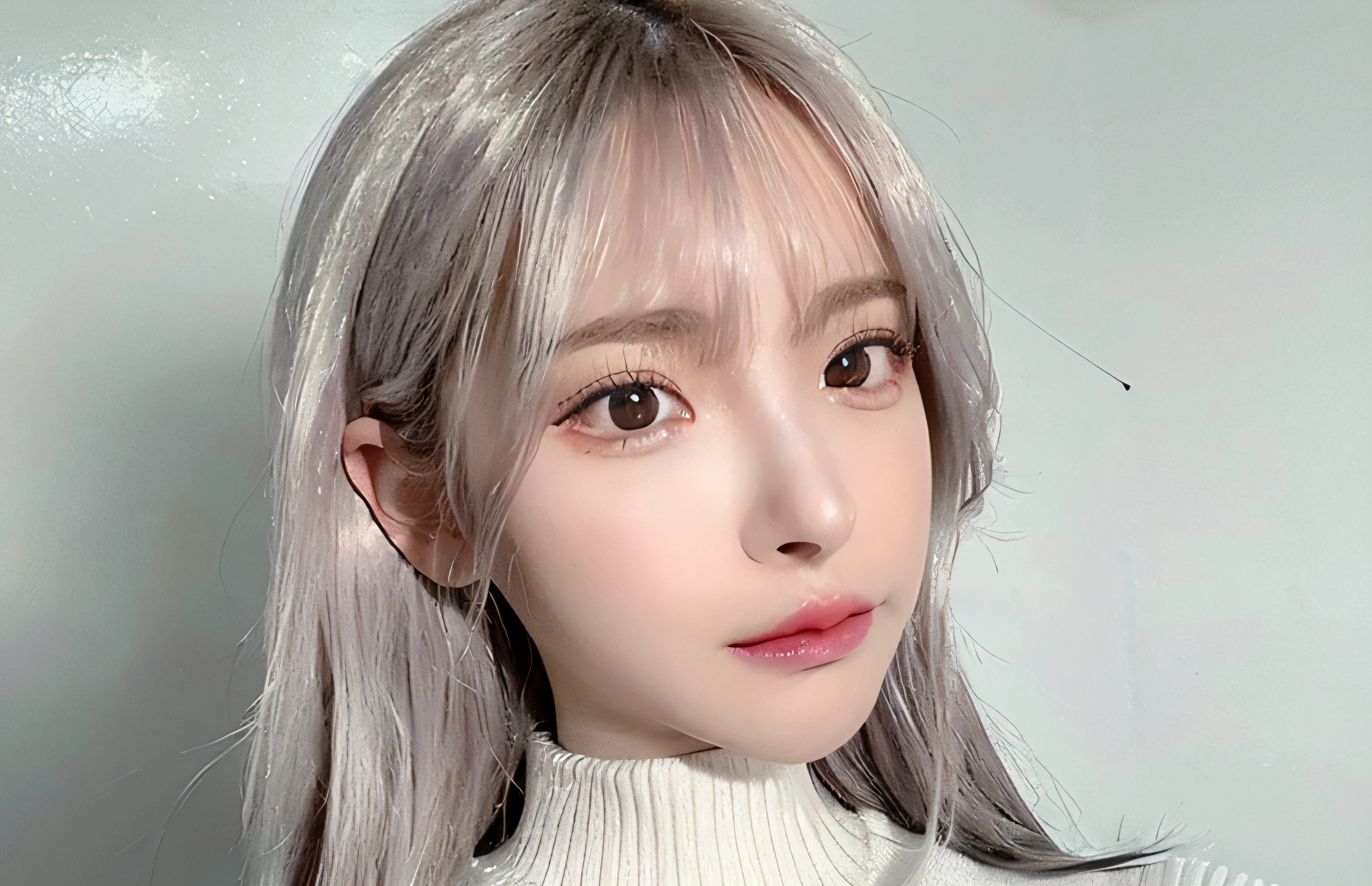 1girl,beautiful vintage color, instagram (photorealistic, high resolution:1.4), ((puffy eyes)), looking at viewer, , full body (8k, RAW photo, best quality, masterpiece:1.2), (realistic, photo-realistic:1.37),(sharp focus:1.2), professional lighting, photon mapping, radiosity, physically-based rendering, (pale skin:1.2),,(small breasts:1.2),, looking at viewer, (middle hair:1.2), portrait, purple eyes, (sliver hair:1.2),bangs, (simple background:1.4), solo, upper body, white background,realistic,(masterpiece:1.4),(best quality:1.4),(shiny skin),fashi-girl,makeup,(closed mouth:1.4),(skinny,,shy, :1.3),(white Turtleneck sweater:1.2), ulzzang-6500-v1.1, pureerosface_v1,