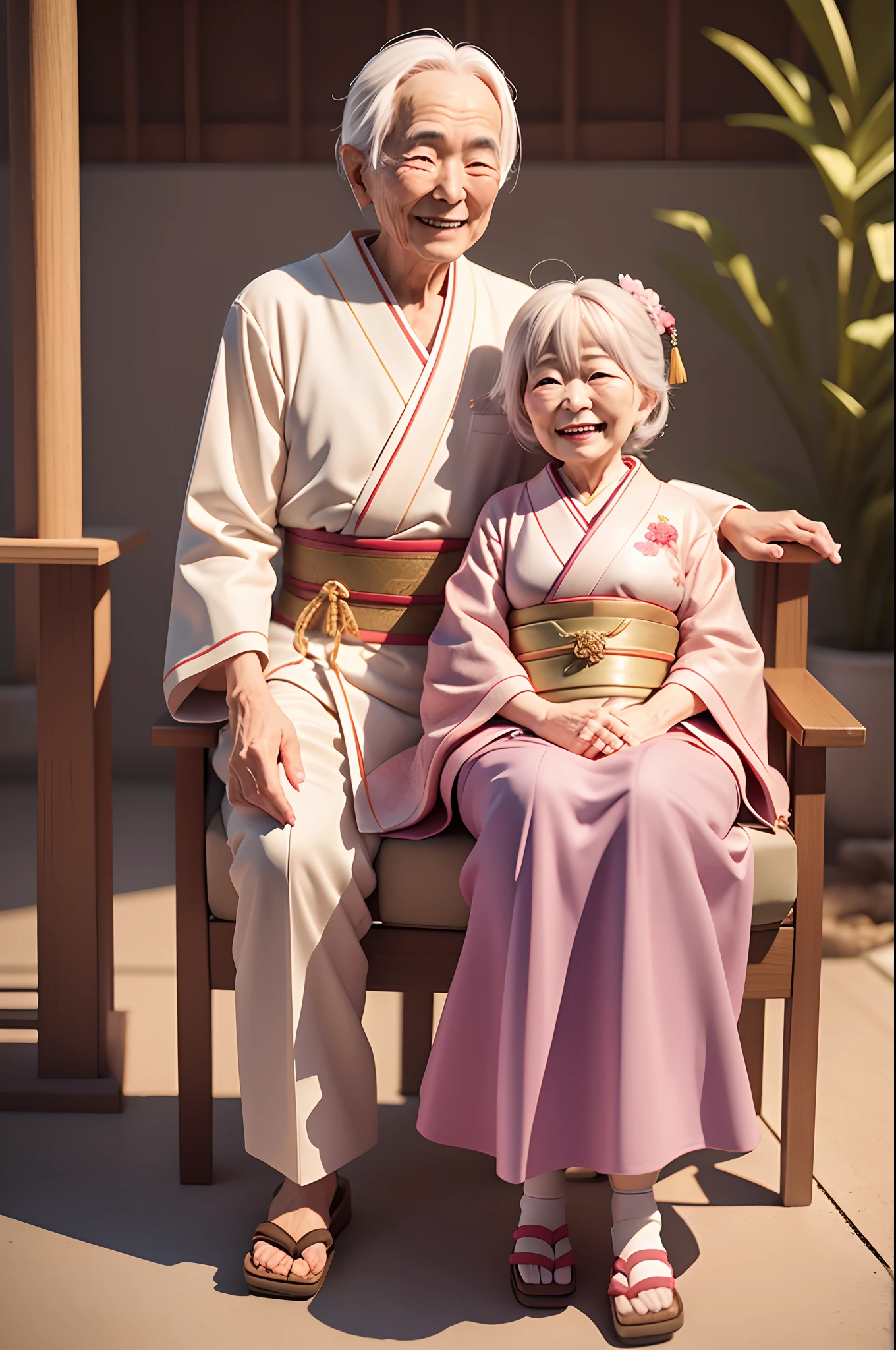 Japanese Grand Father and Grand Mother Smile and Talking each other , Digital Painting, Soft Lighting, Japanese Grand Parents Characters, Best Quality, Good Render, 3D Rendering.