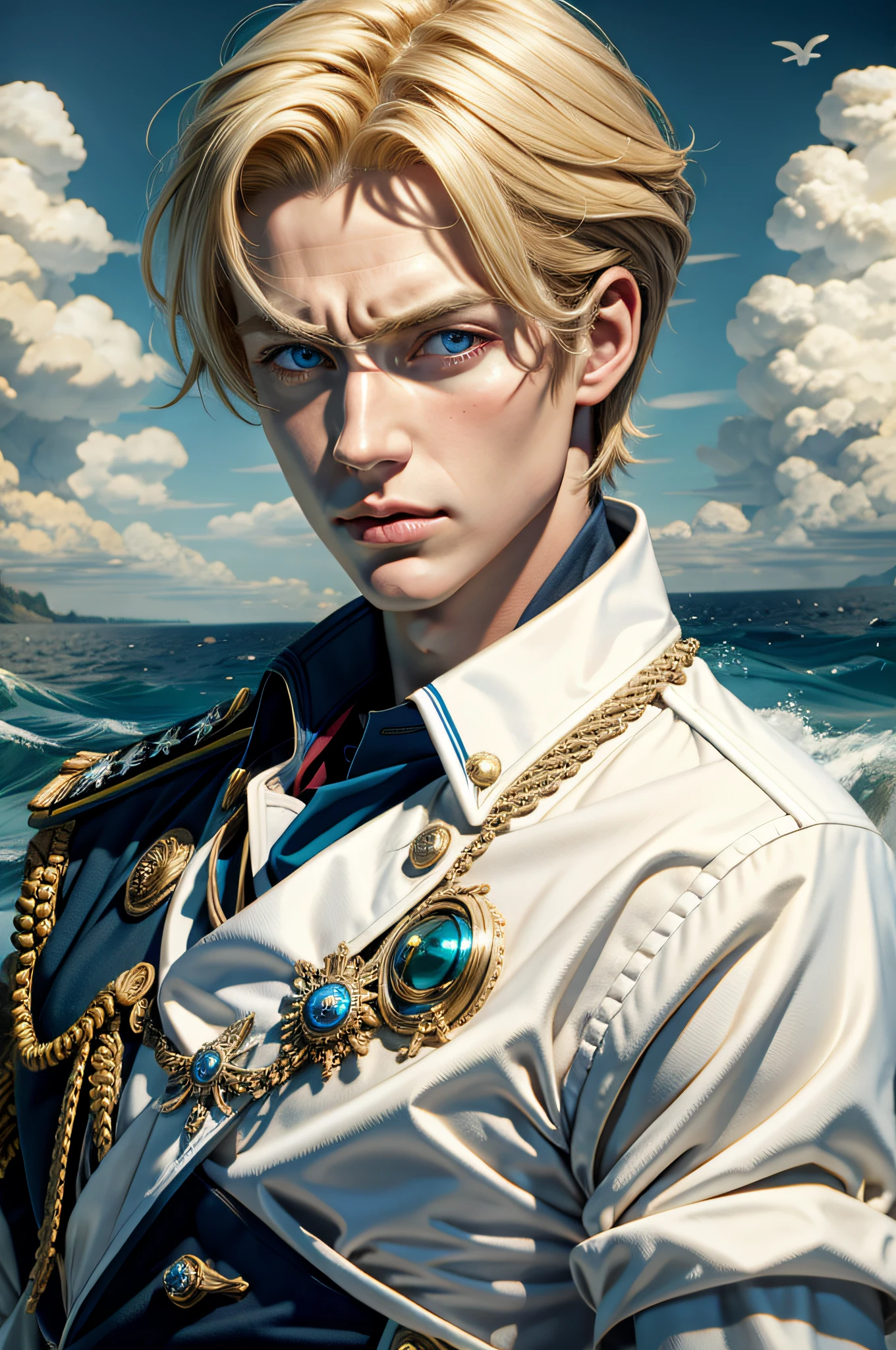 (masterpiece, best quality), 1 male, mature, aged up:1.4, tall muscular guy, broad shoulders, finely detailed eyes and detailed face, extremely detailed CG unity 8k wallpaper, intricate details, Fantasy, royal, nobleman, Admiral, short hair, blonde hair, blue eyes, fleet commander, navy, commander, white uniform, ocean, cloudy sky, wave