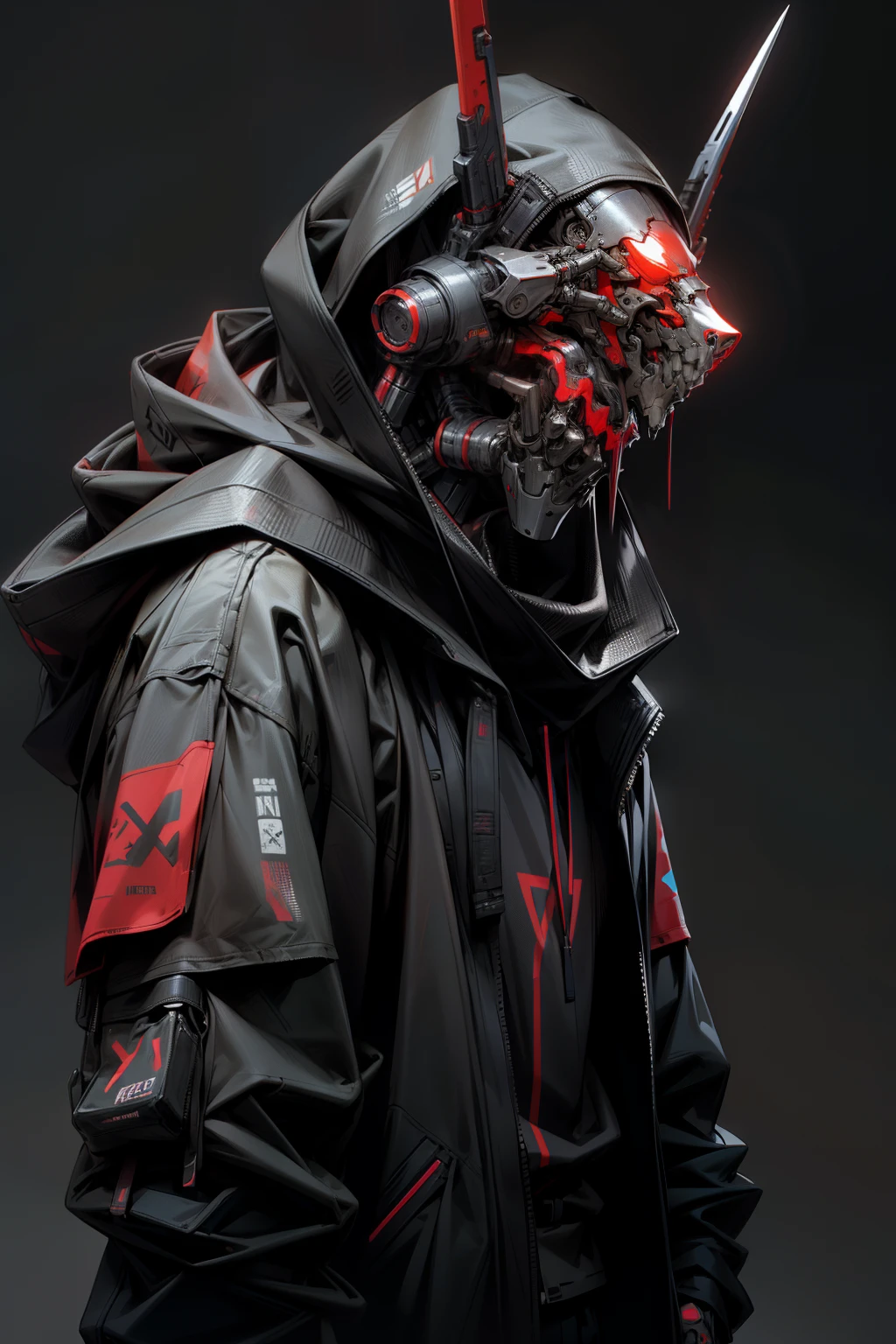 There is a boy wearing a ghost mask and a black hoodie,With a knife in his hand, Hyper-realistic cyberpunk style,Digital cyberpunk anime style,red colors
