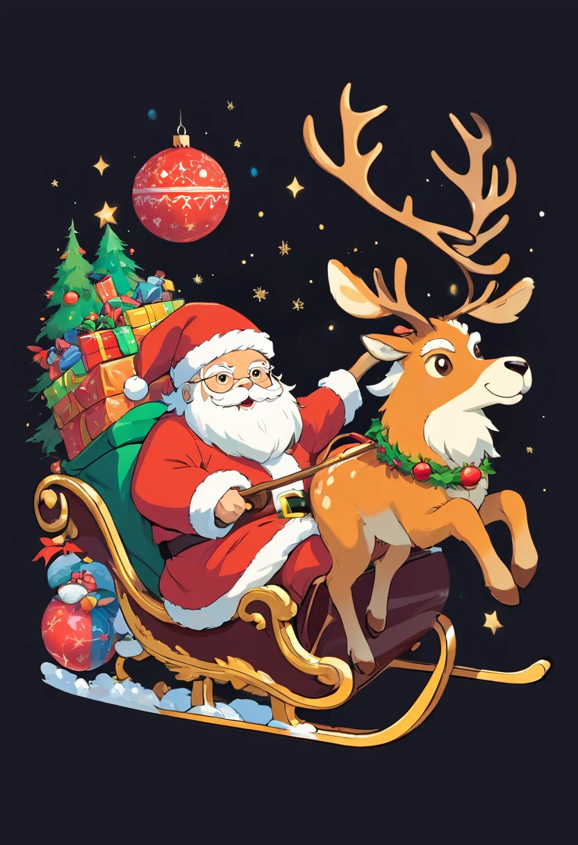 Christmas elements, santa claus　Reindeer pulling a sleigh　Black background, Illustrated minimalist image of a set of exclusive stickers