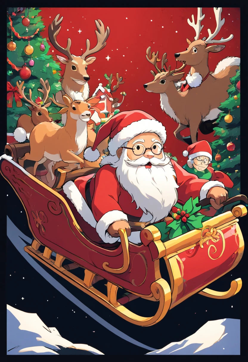 Christmas elements, santa claus　Reindeer pulling a sleigh　Black background, Illustrated minimalist image of a set of exclusive stickers