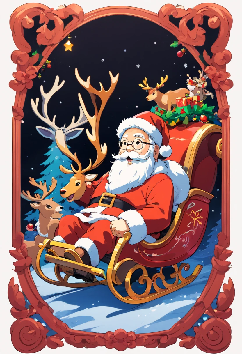 Christmas elements, santa claus Reindeer pulling a sleigh Black background, Illustrated minimalist image of a set of exclusive stickers