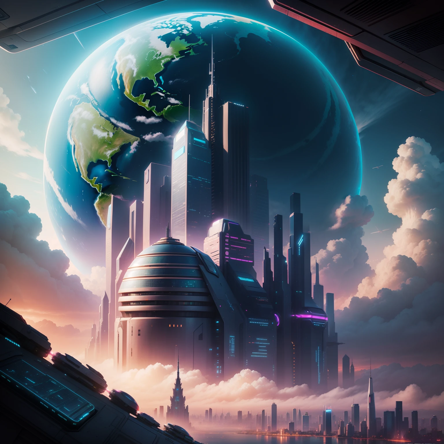 cyberpunked，epcot，Futuristic cityscape lined with skyscrapers，ＳＦart by，top-quality，超A high resolution，dream，futuristic cities，planet earth，Skyscraper high through the clouds，