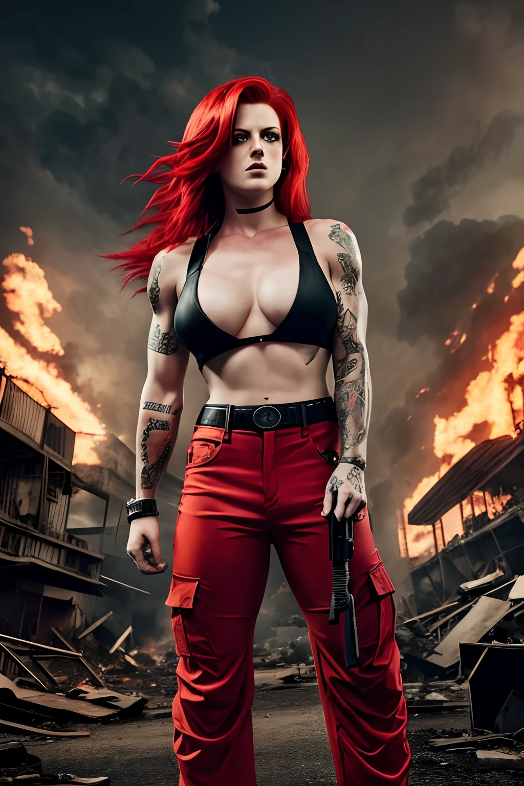 Brody Dalle with red long hair (super saiyan red hair) and a really big muscular body wearing red militar pants and a black top, without tatoos and tiger stripes in her skin and a big nude breast in a destroyed city, cinematic, dramatic lighting, 4K, 8K, HD