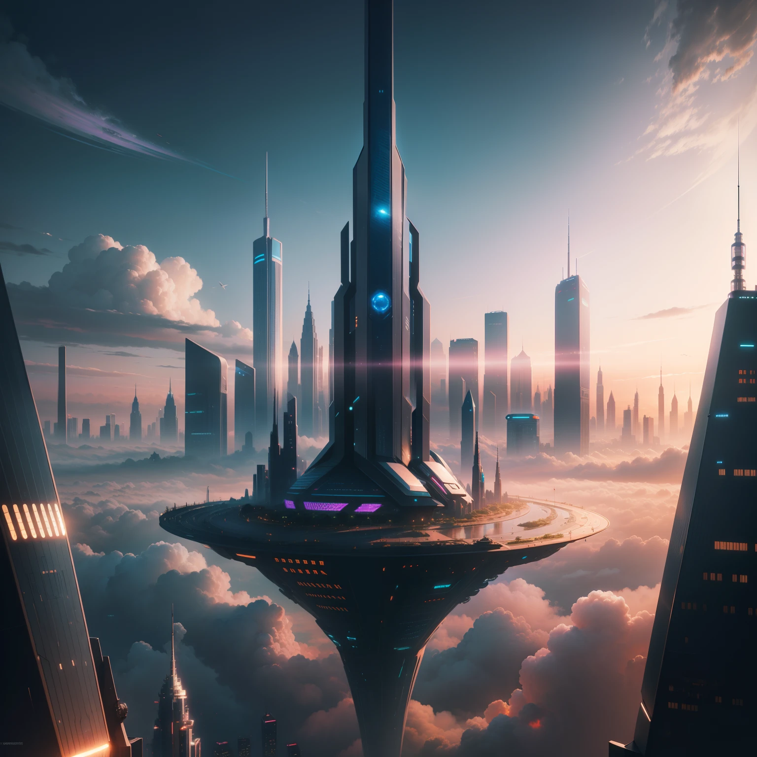 cyberpunked,epcot,Futuristic cityscape lined with skyscrapers,SFart by,top-quality,超A high resolution,dream,futuristic cities,planet earth,Skyscraper high through the clouds,