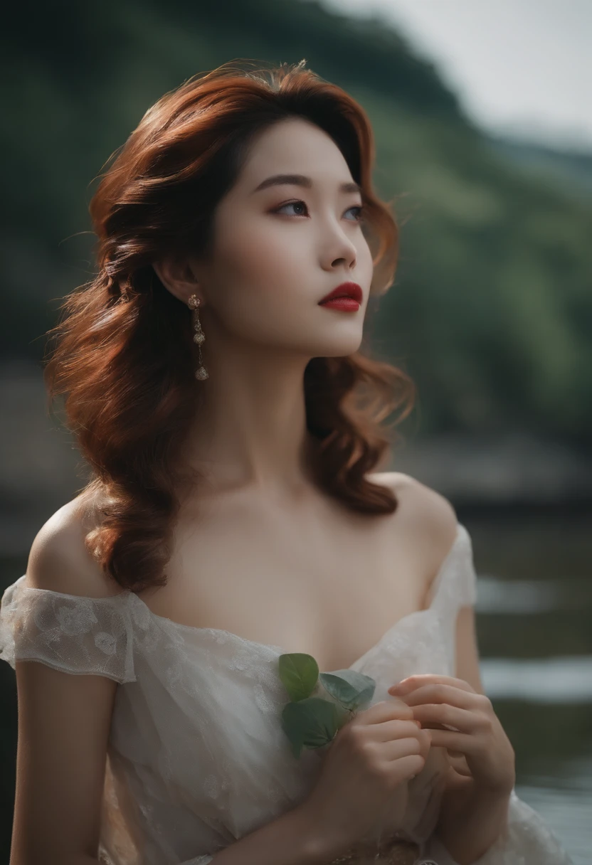 A girl who looks like Vivian Sue, about 20 years old, is playing by the river.。The hairstyle is long。fair skin。