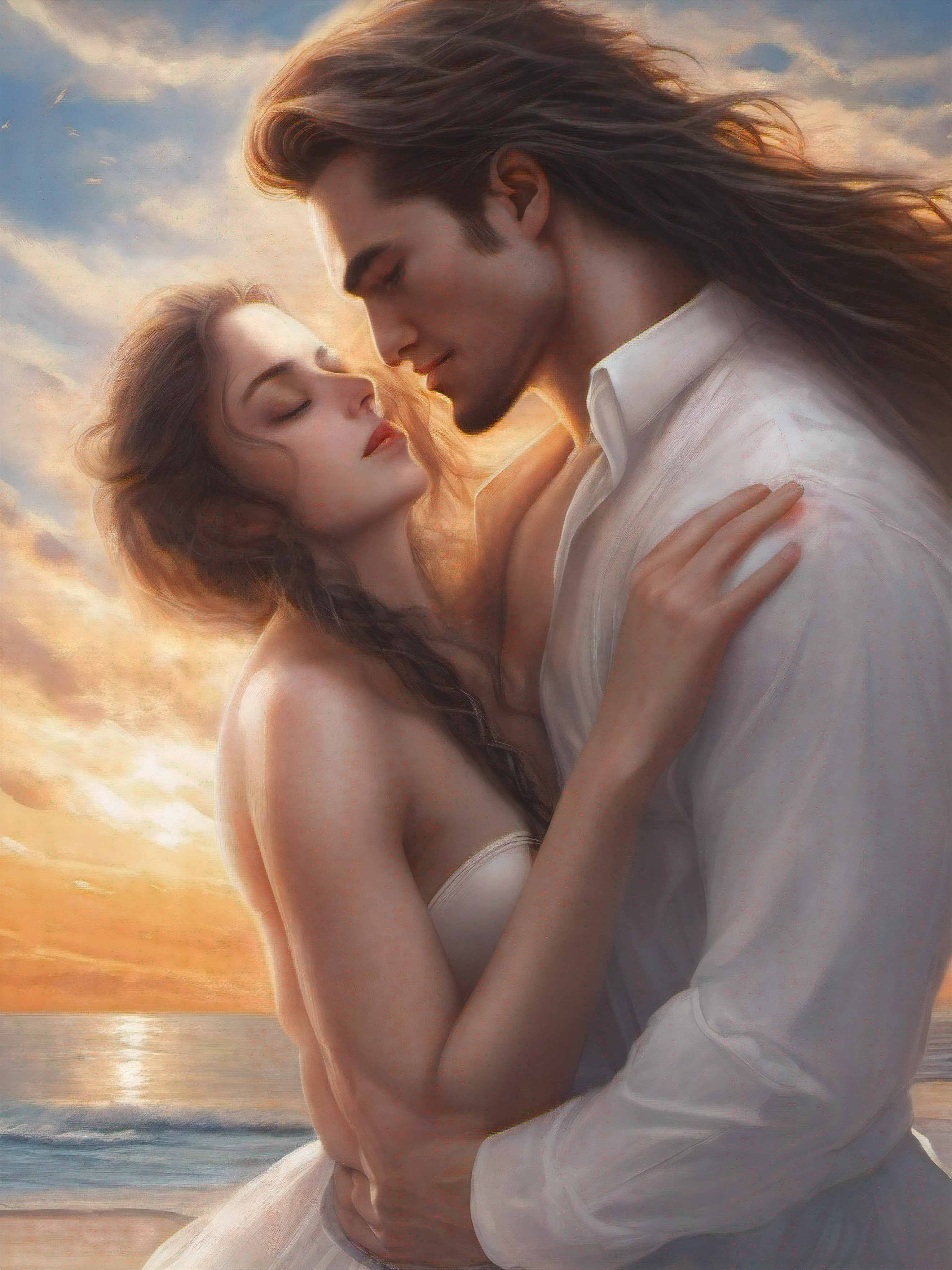Two young people who are in love with each other have locked their eyes with each other and have touching foreheads. The man is muscular and lean with an open shirt and white shorts. The woman is beautiful and is wearing a white sweetheart georgette gown. Full body photo with beach background and sun in the sky with scattered clouds in between.