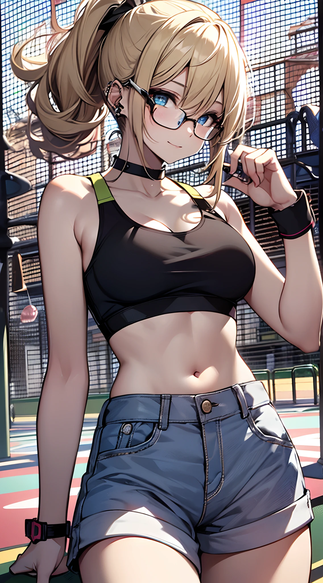 top-quality、Top image quality、​masterpiece、girl with((18year old、Sportsbra、shortpants:1.4、Bust 90、a blond、disheveled ponytail、Blue eyes、open chest wide、Happiness、Black wristband on wrist、eye glass、Ear-piercing))、((perspired:1.1))A slender、hiquality、(Running:1.3)、visualart、Background with((playground))、masutepiece