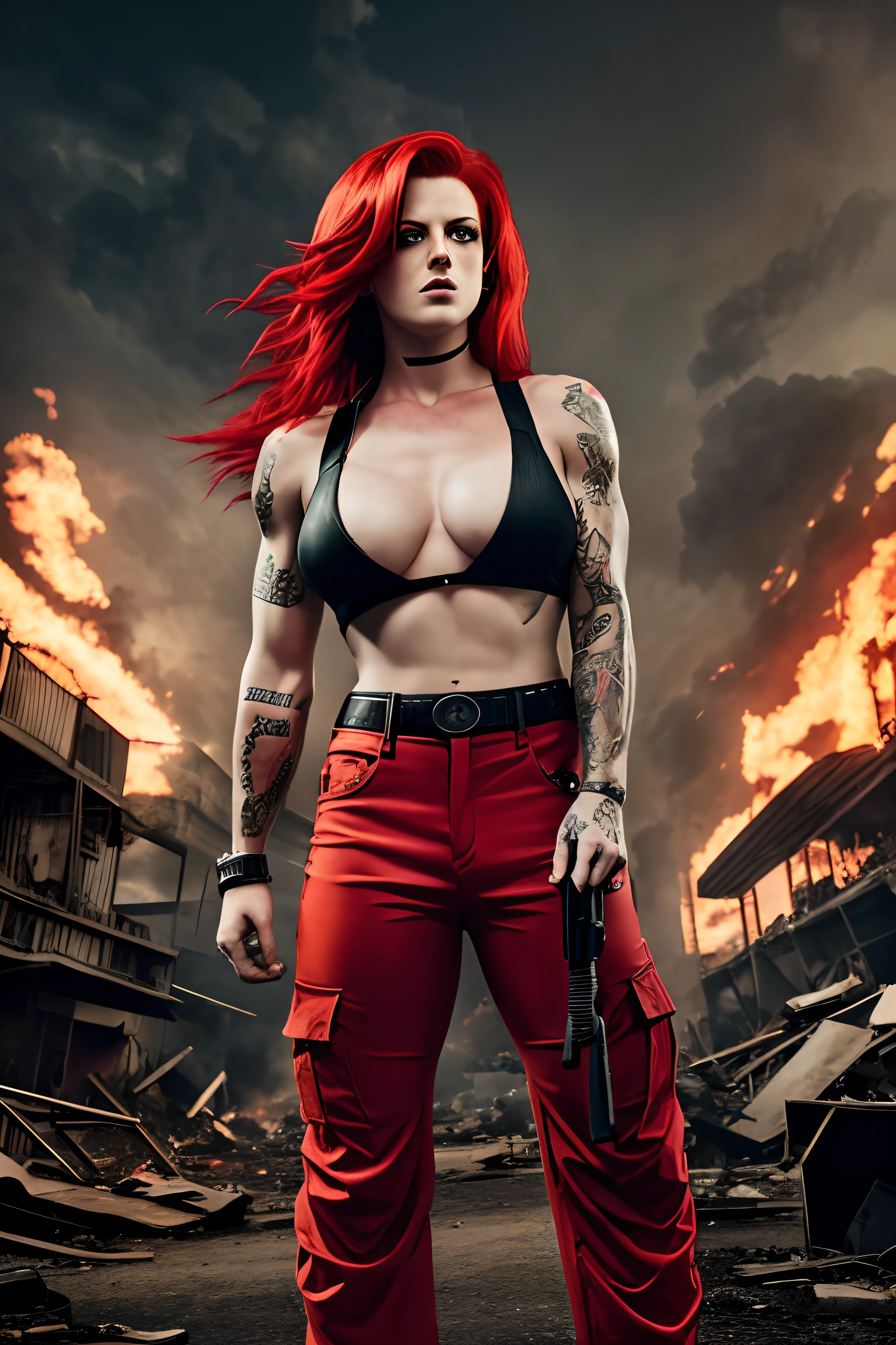 Brody Dalle with red long hair (super saiyan red hair) and a really big muscular body wearing red militar pants and a black top, without tatoos and tiger stripes in her skin and a big nude breast in a destroyed city, cinematic, dramatic lighting, 4K, 8K, HD