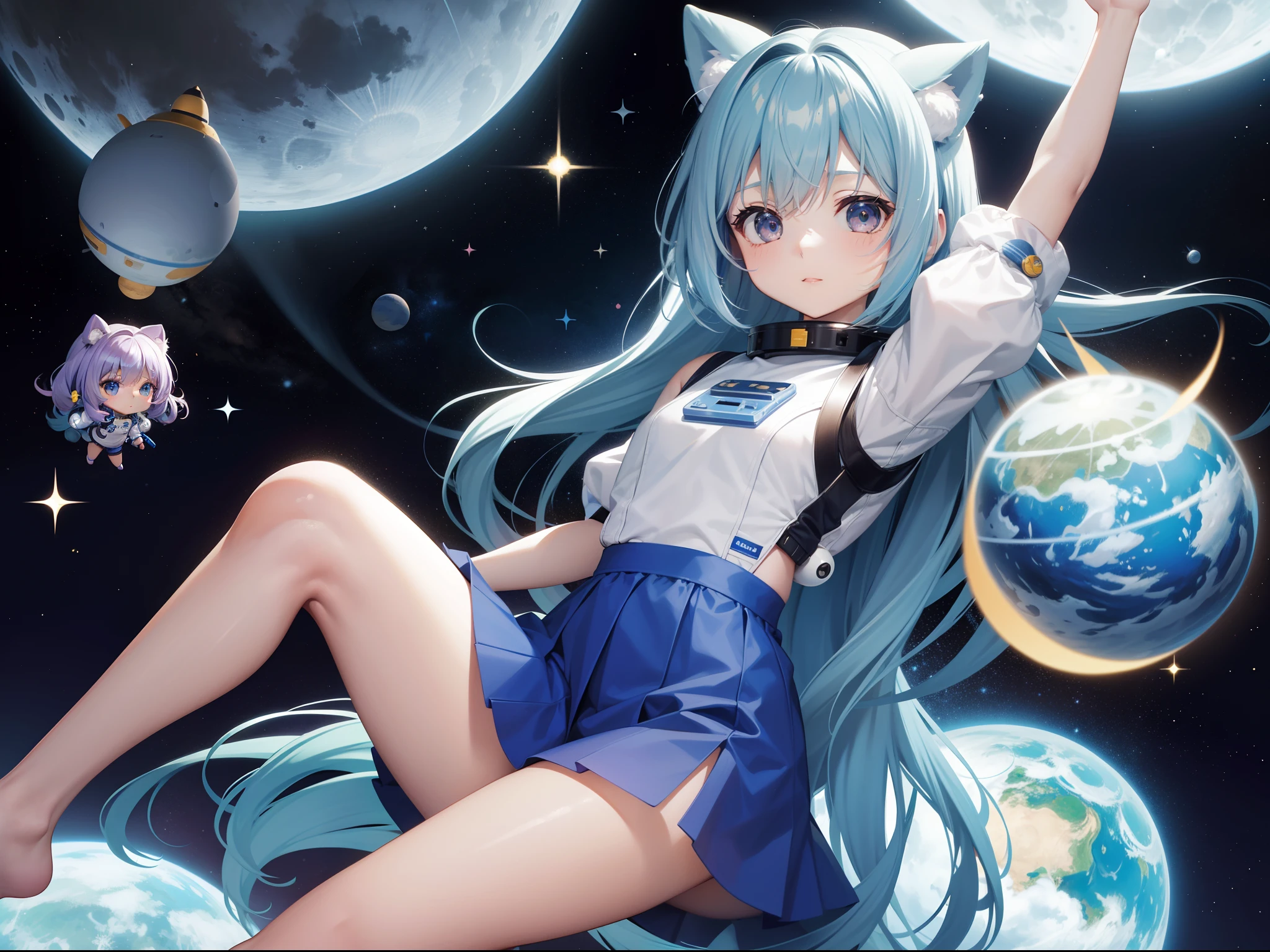Chibi Character　Hop aboard a spaceship and go into space　space suits　long hair with blue hair((Chibi Chara))、Fluffy、girl with、Chibi Chara、full body Esbian、Pastel colors hair、masutepiece、top-quality、a moon　constellation　planet earth